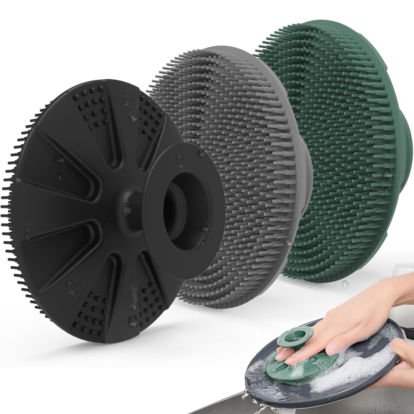 Silicone Sponge 3 Pack, Non-Scratch Scrub Sponges, for Washing Dishes and Cleaning Kitchen, Long Lasting and Reusable Dishwashing Scrubber, Suction Up Hang Designed, Black+Olive Green+Gray