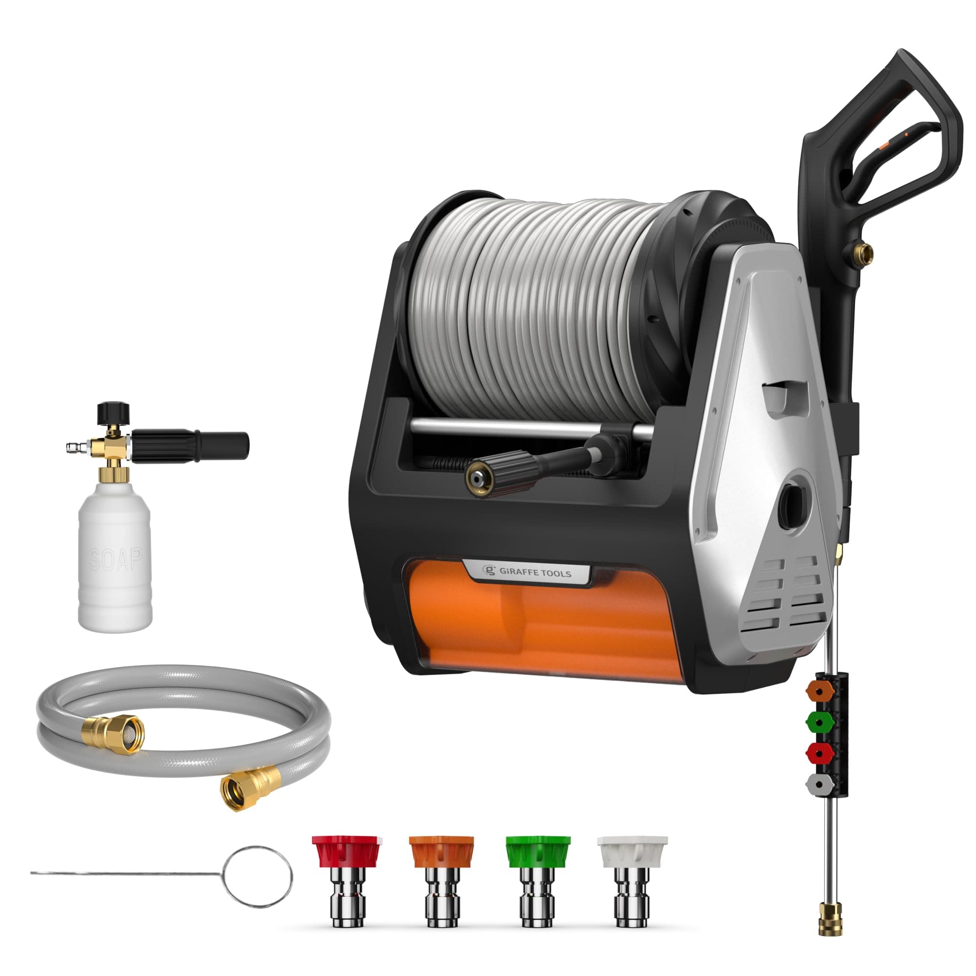 Giraffe Tools Wall Mounted Pressure Washer PRO with Upgraded 1800W Brushless Motor, Max 3700PSI Electric Power Washer with 100ft Detachable Hose for Car/Patios, Automatic Rewind, Any Length Lock
