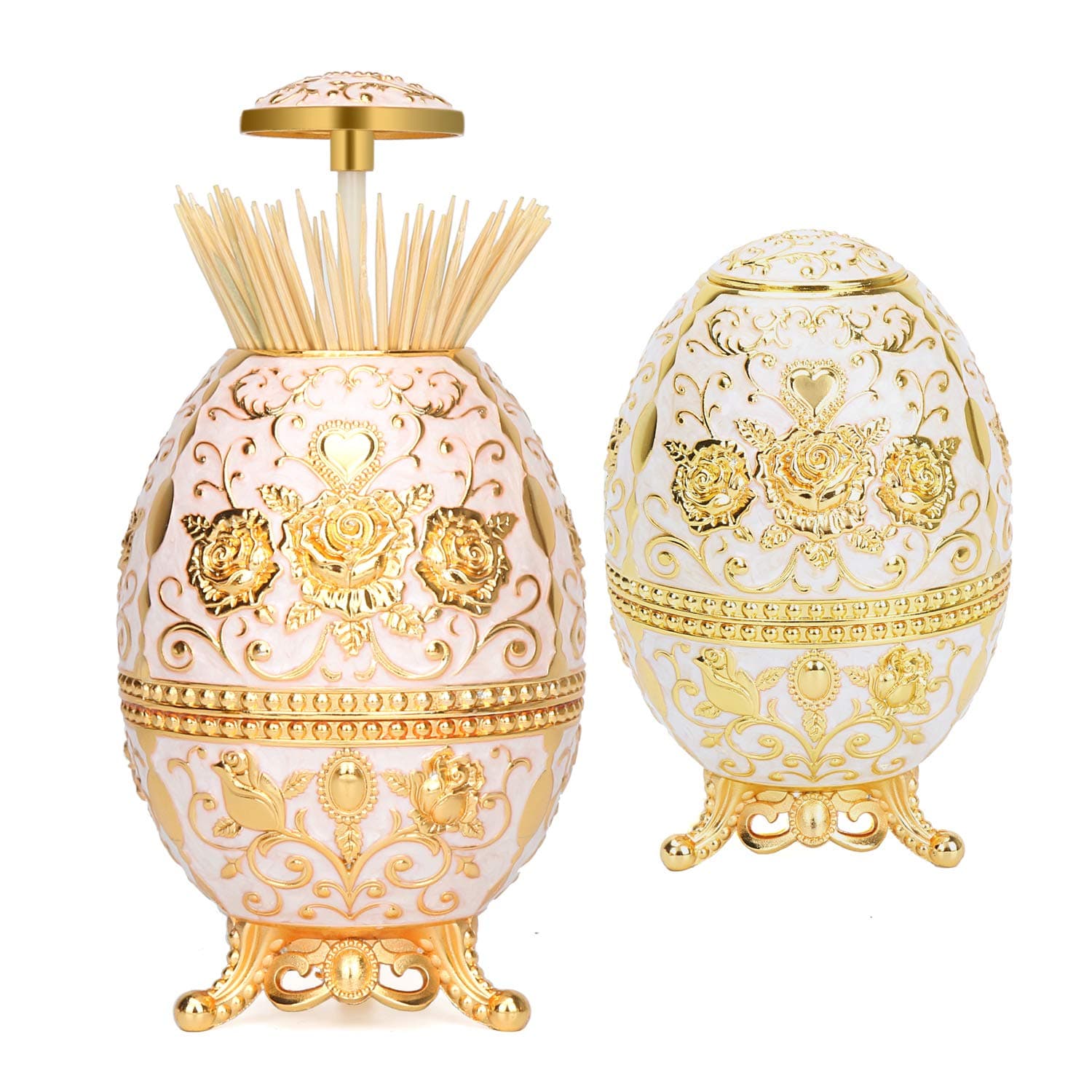 Gorgeous Automatic Toothpick Holder with Bottle Opener, Hand Press Retractable Retro Toothpick Dispenser Toothpicks Case Can Box Container for Kitchen Home Restaurant (Jade White-Gold Rose)