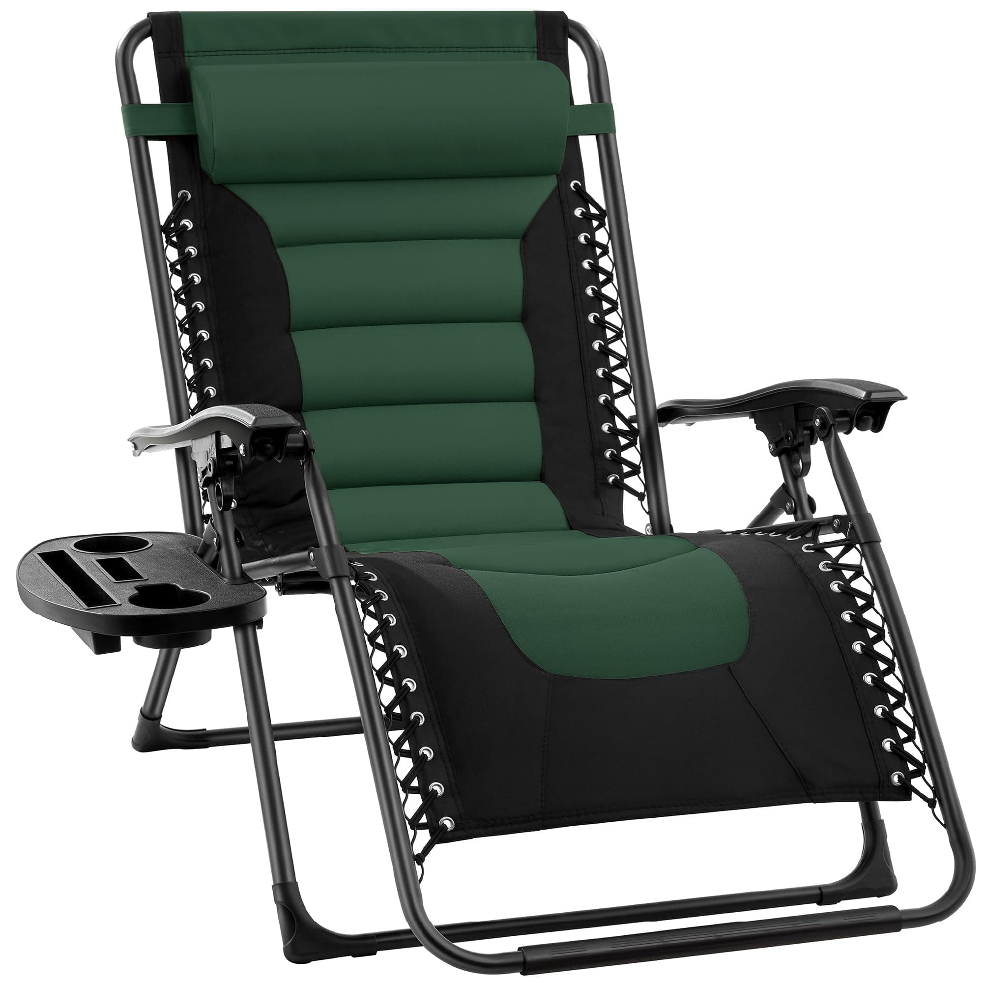 Oversized Padded Zero Gravity Chair, Folding Outdoor Patio Recliner, XL Anti Gravity Lounger for Backyard w/Headrest, Cup Holder, Side Tray, Polyester Mesh - Forest Green
