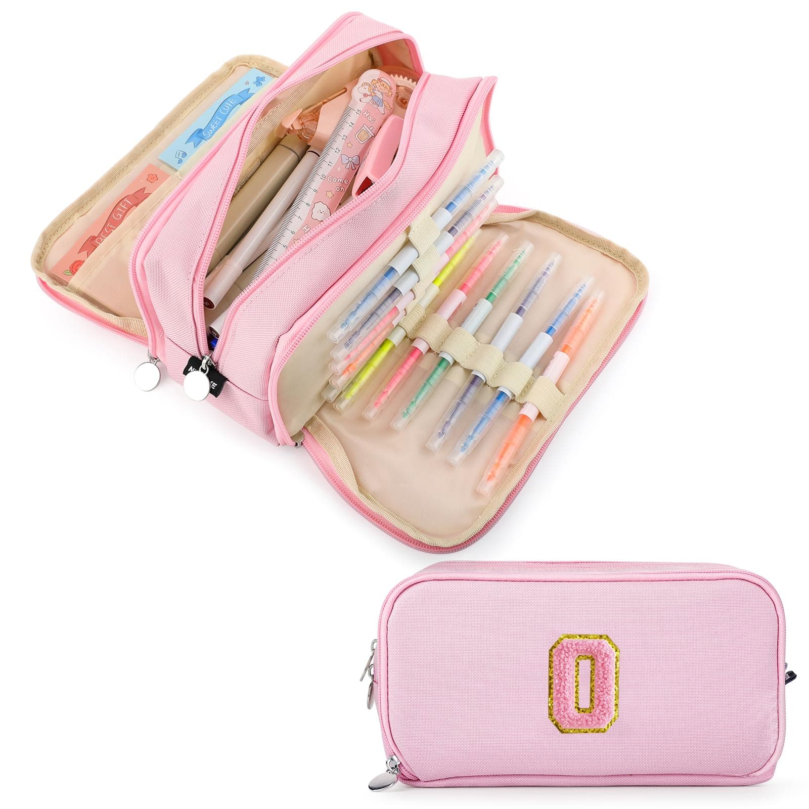 Extra Large Capacity Pencil Case 3 Compartment Initial Pencil Pouch Personalized Cute Aesthetic Stationery Pen Case Bag for School Teen Girl Boy Men Women Gift (O, Pink)
