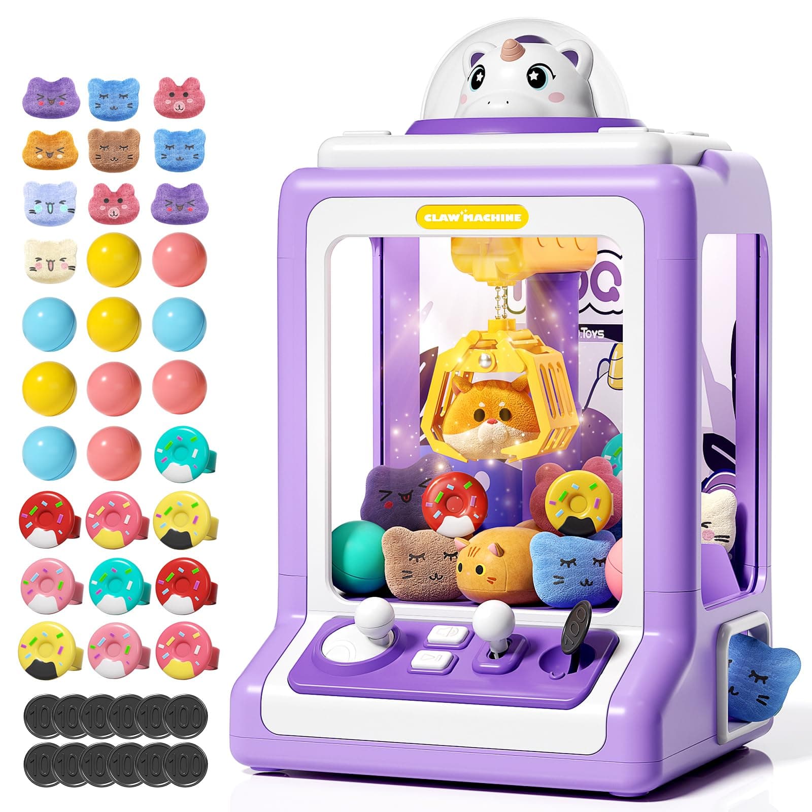 Jovow Claw Machine for Kids, Mini Vending Machine with Game Coins & Music, Prize Dispenser Toys for Girls and Boys, Electronic Claw Game Machine for Party Birthdays, Includes 30 Mini Toys