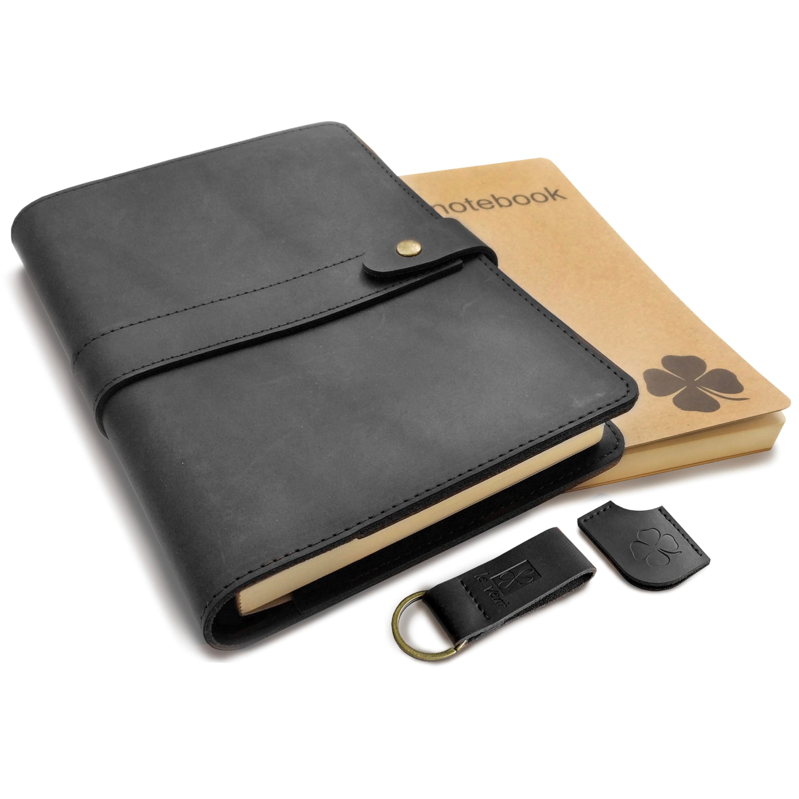 le vent Refillable A5 Genuine Leather Journal Notebook Cover with 2 Inserts, 200+200 Pages Lined + Blank, 5x8 Notebook for Work, Drawing, Sketchbook, Vintage Journal For Men and Women, Black