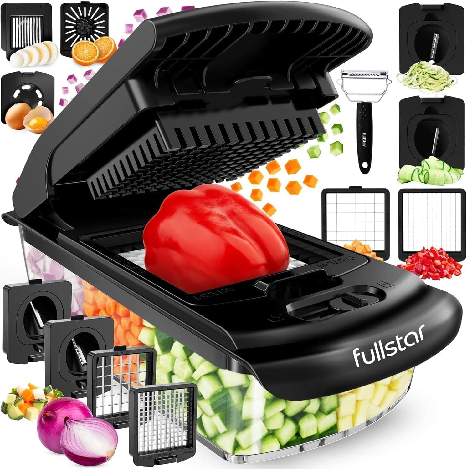 fullstar 9-in-1 Deluxe Vegetable Chopper Vegetable Cutter - Spiralizer Vegetable Slicer Dicer - Onion Chopper Food Chopper Veggie Chopper - Juicer Peeler Egg Slicer & Separator - Kitchen Gadgets Black