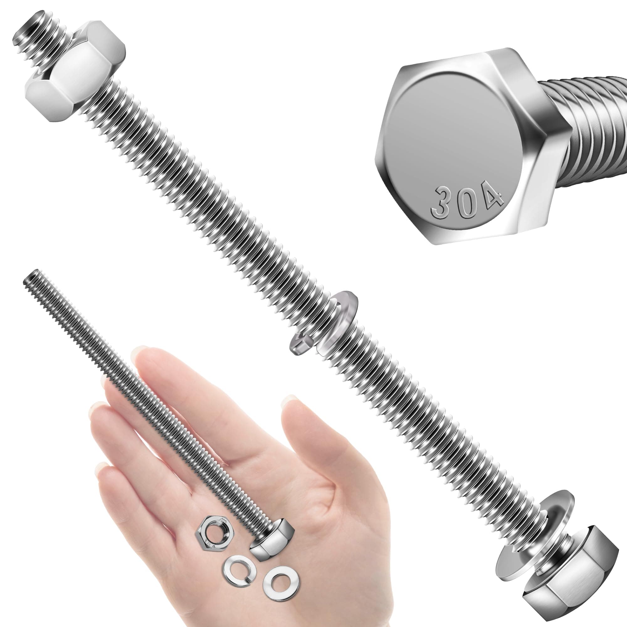 Mywish (10 Sets) 1/4-20x4 Hex Head Assorted Screws Nuts and Bolts with Flat & Lock Washers, 304 Stainless Steel 18-8, Fully Threaded, 1/4 Bolt Metric Bolt Assortment