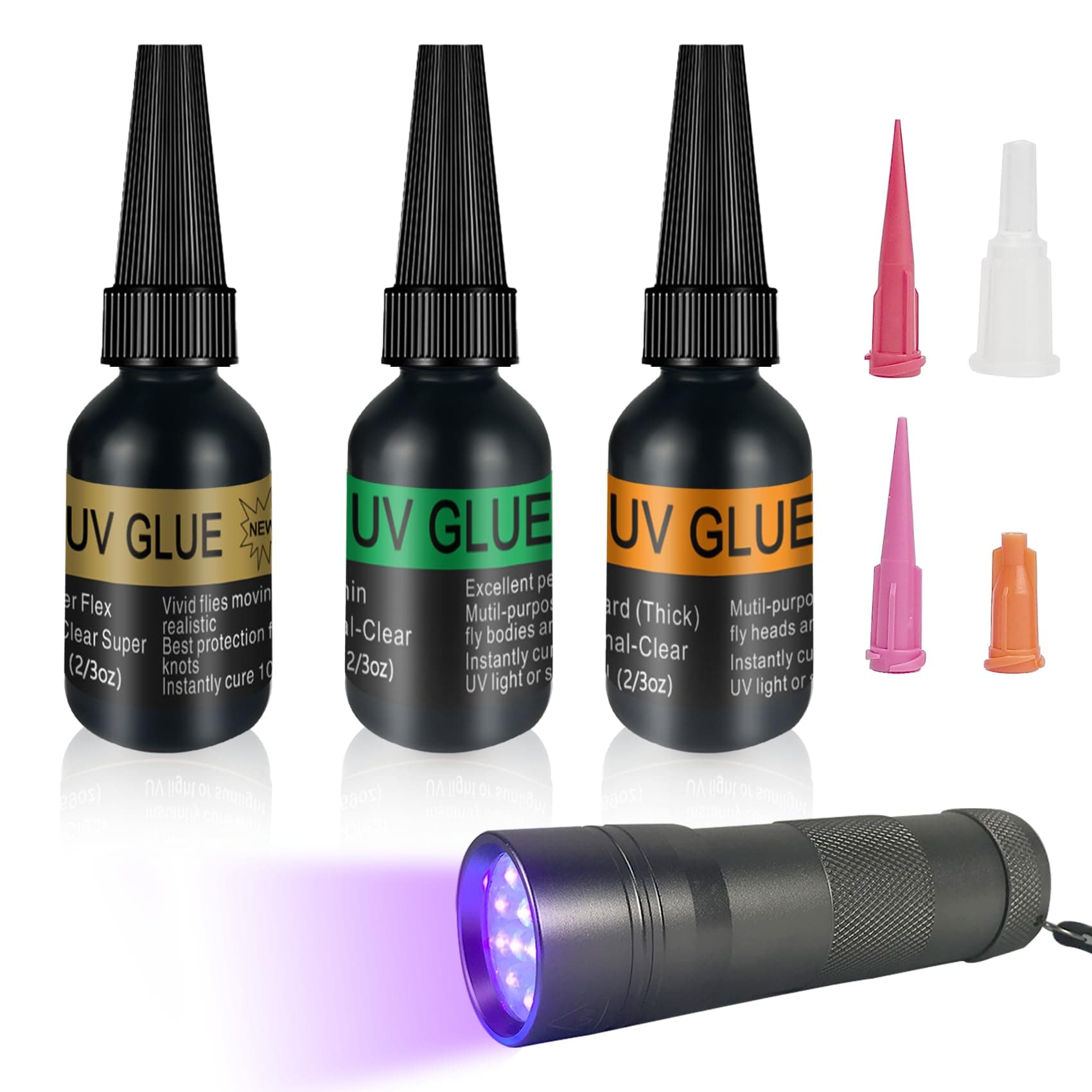 Riverruns UV Clear Glue Three Formula Thick,Thin and Super Flew +12 LED UV Power Light Fly Tying for Building Flies Flies Heads Bodies and Wings Tack Free Special Introductory Sale!