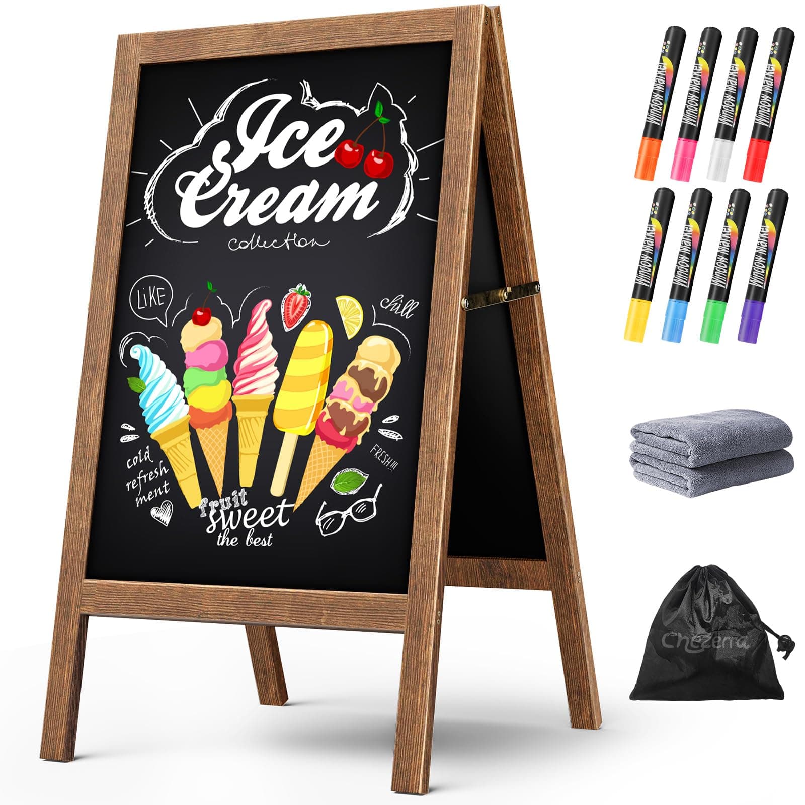 Chezerra A Frame Chalkboard Sign, 40"x20" Extra Large Sidewalk Chalk Board, Wooden Standing ChalkBoards Set with Markers, Double-Sided Magnetic Blackboard for Cafés, Weddings, Party Guide, Brown