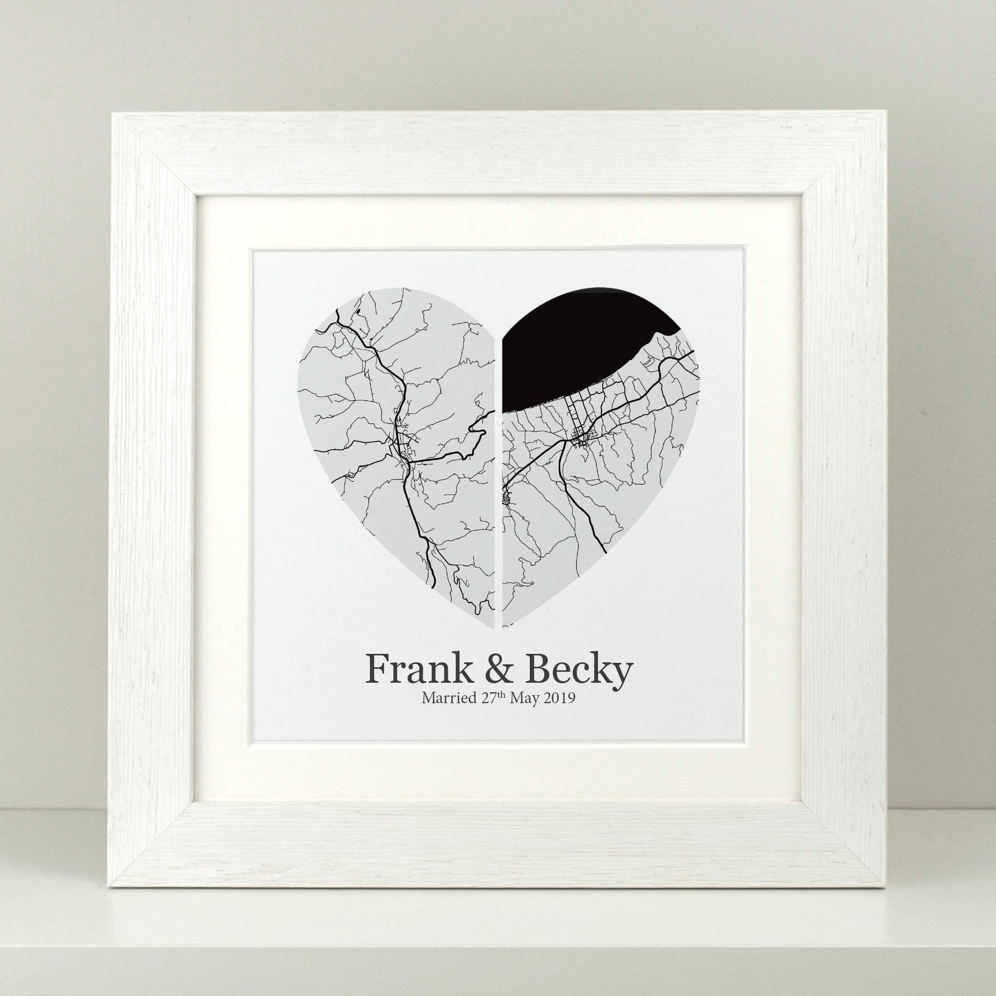 Personalised Anniversary or Wedding gift wall art map print/Two hearts as one map print present/Personalised OS map anniversary present/unique wedding gift/White or black wood frames VA149