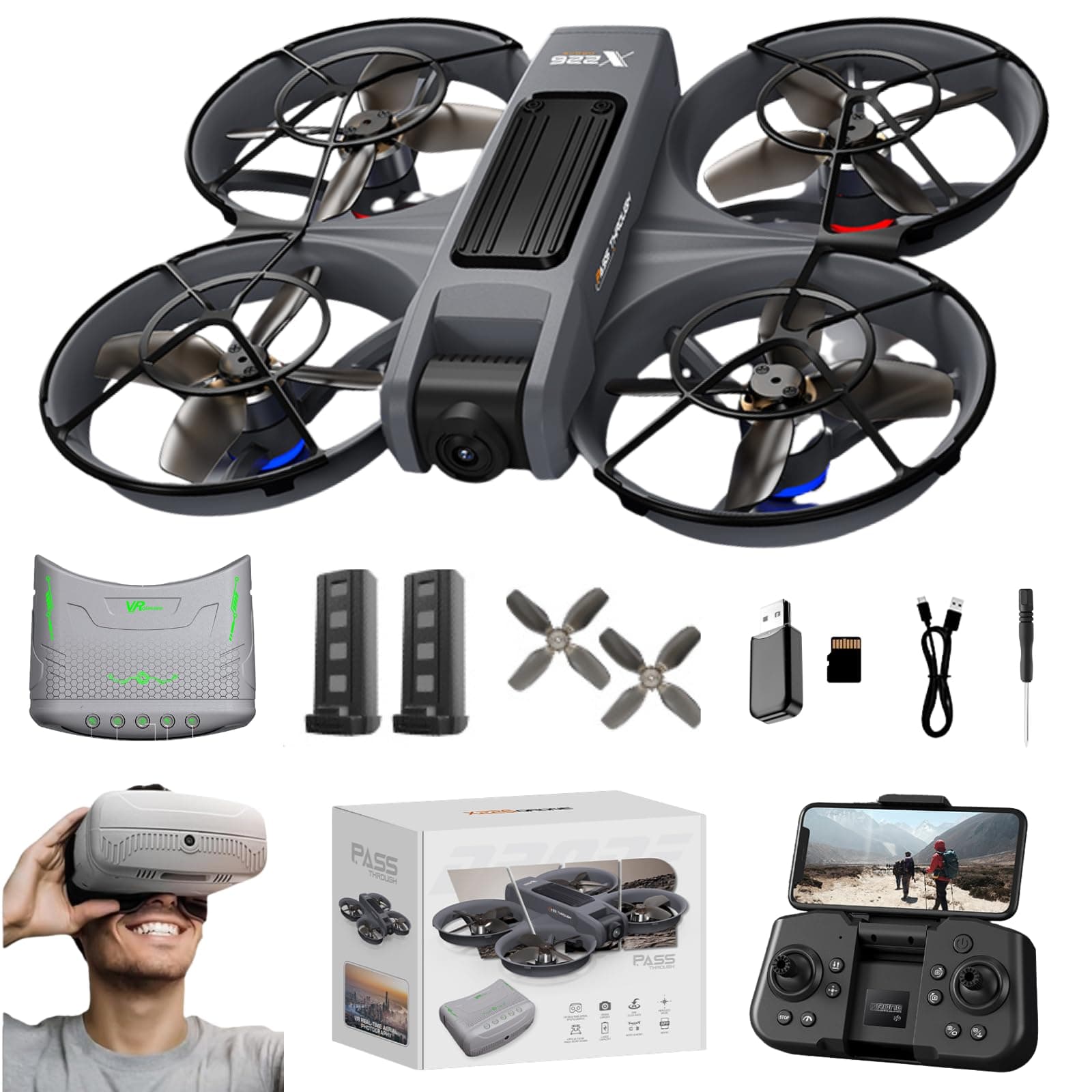 FPV Drone with Camera and VR Glasses, Brushless Motor Optical Flow Cool LED Lights Drones Dual Camera Switch RC Quadcopter 2 Batteries VR Drones for Beginners Adults X226 Drone