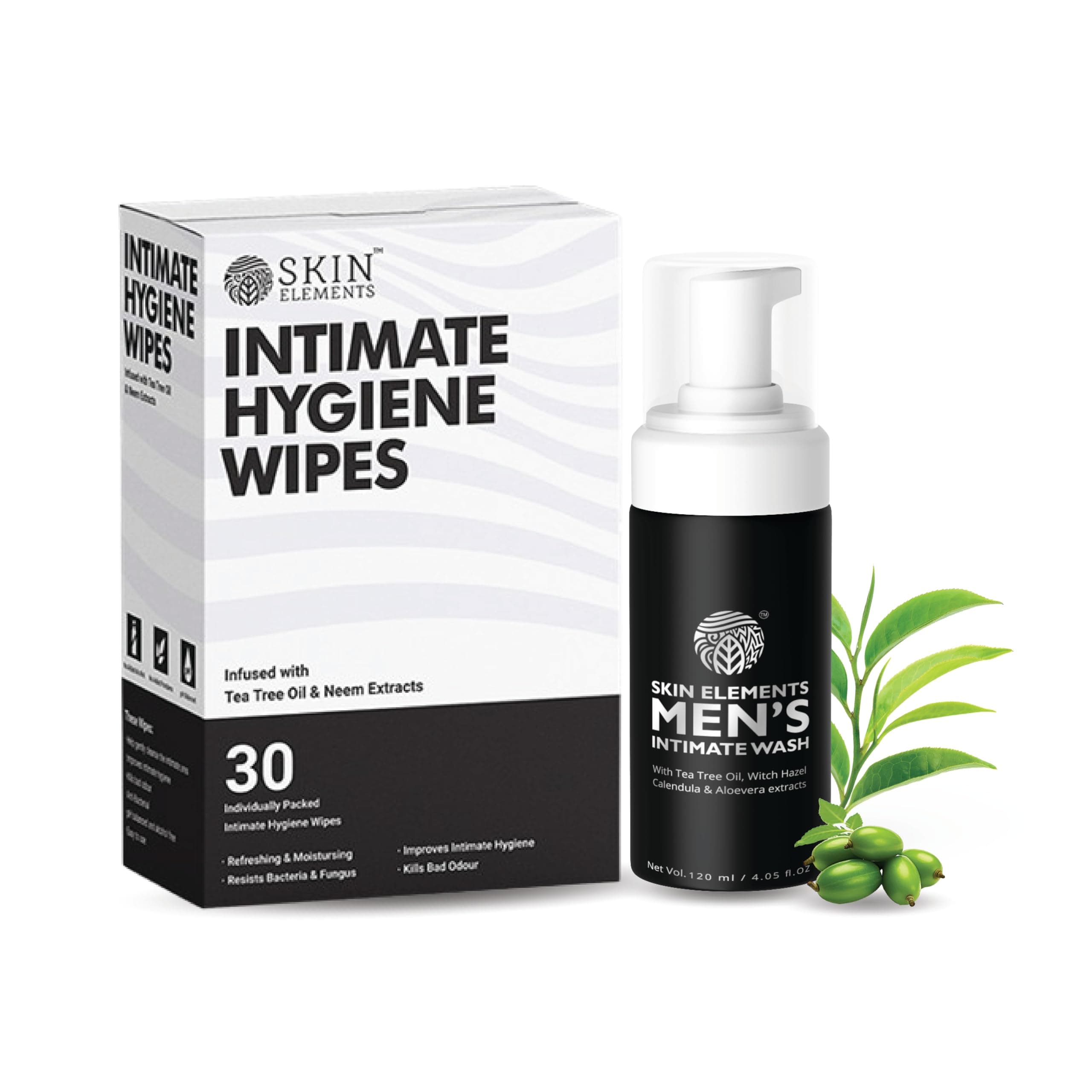 Skin Elements Intimate Hygiene Combo | Intimate Wash Men 120 ml & 30 Wipes | Tea Tree & Neem Extracts | pH Balanced Foaming Wash | Controls Sweat & Bad Odor | Soothes Intimate Area