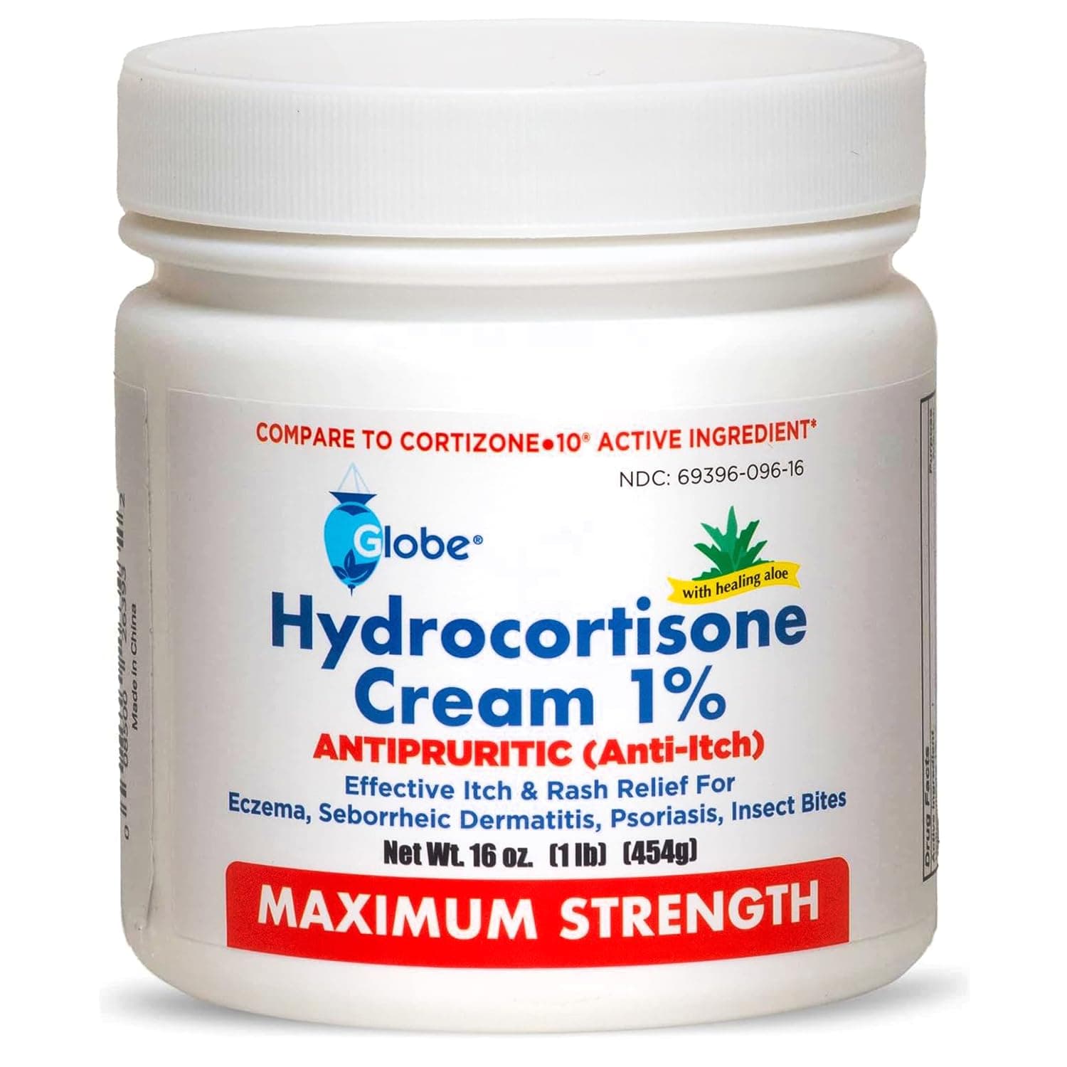 Globe Hydrocortisone Maximum Strength Cream 1% w/Aloe, 16 oz, Anti-Itch Cream for Redness, Swelling, Itching, Rash, Bug/Mosquito Bites, Eczema, Hemorrhoids & More, 16 oz Jar