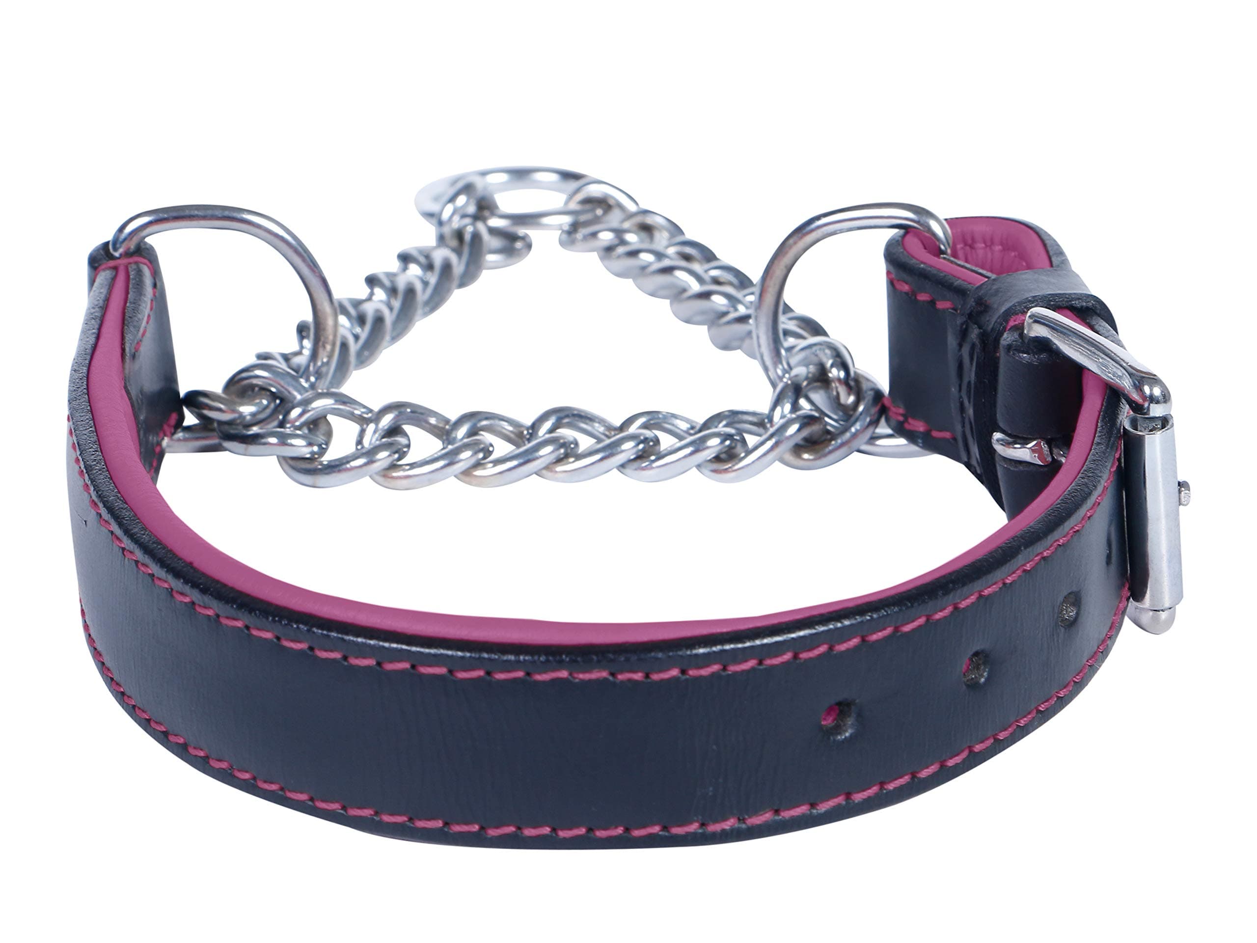 Ace Martingale Adjustable Comfy PADDED Half check/Martingale Genuine Leather Dog Collar ::SOLID STAINLESS CHAIN:: (fits up to 18" including chain (2/3" wide), Black with purple lining)