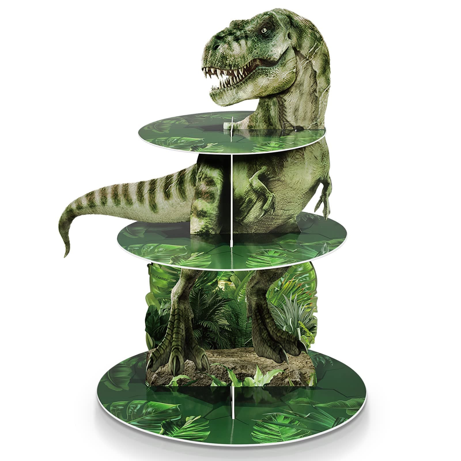 3 Tier Dinosaur Cupcake Stand Party Decorations Dinosaur Theme Cupcake Holder Decorations Dino Dessert Tower for Kids Dino Jungle Theme Party Birthday Supplies(Realistic)
