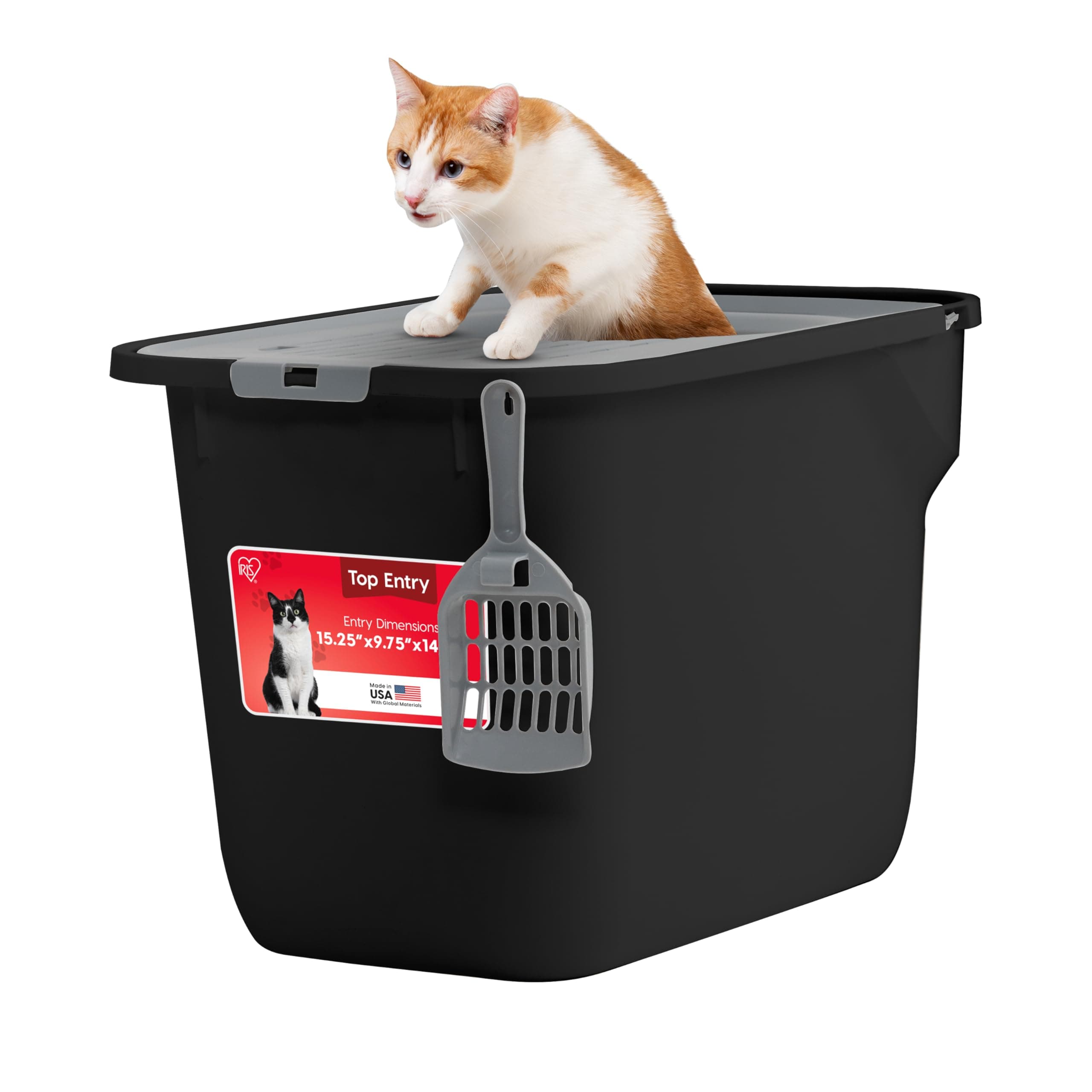 IRIS USA Large Cat Litter Box Top Entry with Lid, Enclosed Litter Box with Litter Catching Lid & Scoop, Covered Cat Litter Box Enclosure for Privacy, High Sided, Black/Gray