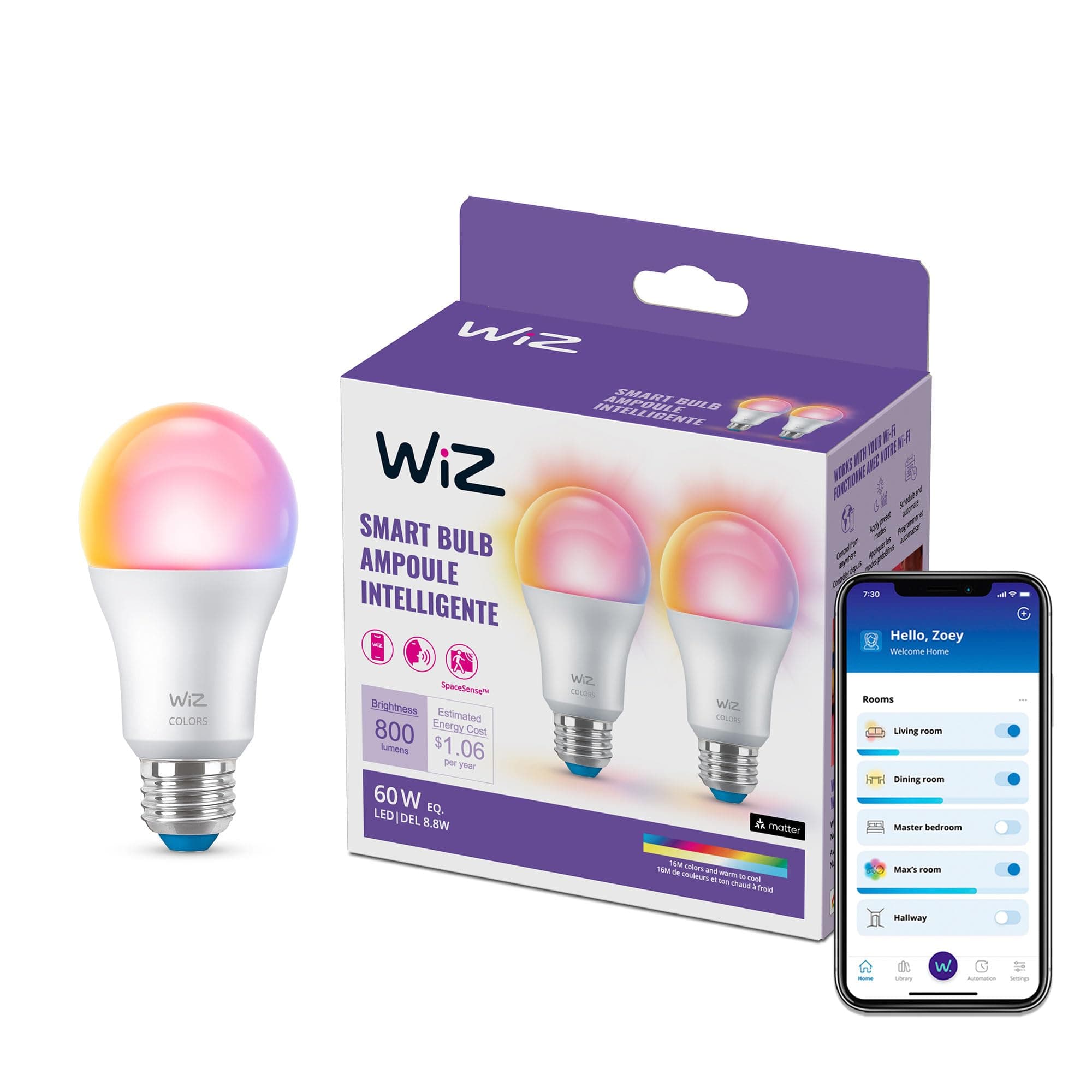WiZ Connected 2-Pack Color 60W A19 Smart WiFi Light Bulb, 16 Million Colors, Compatible with Alexa and Google Home Assistant, No Hub Required