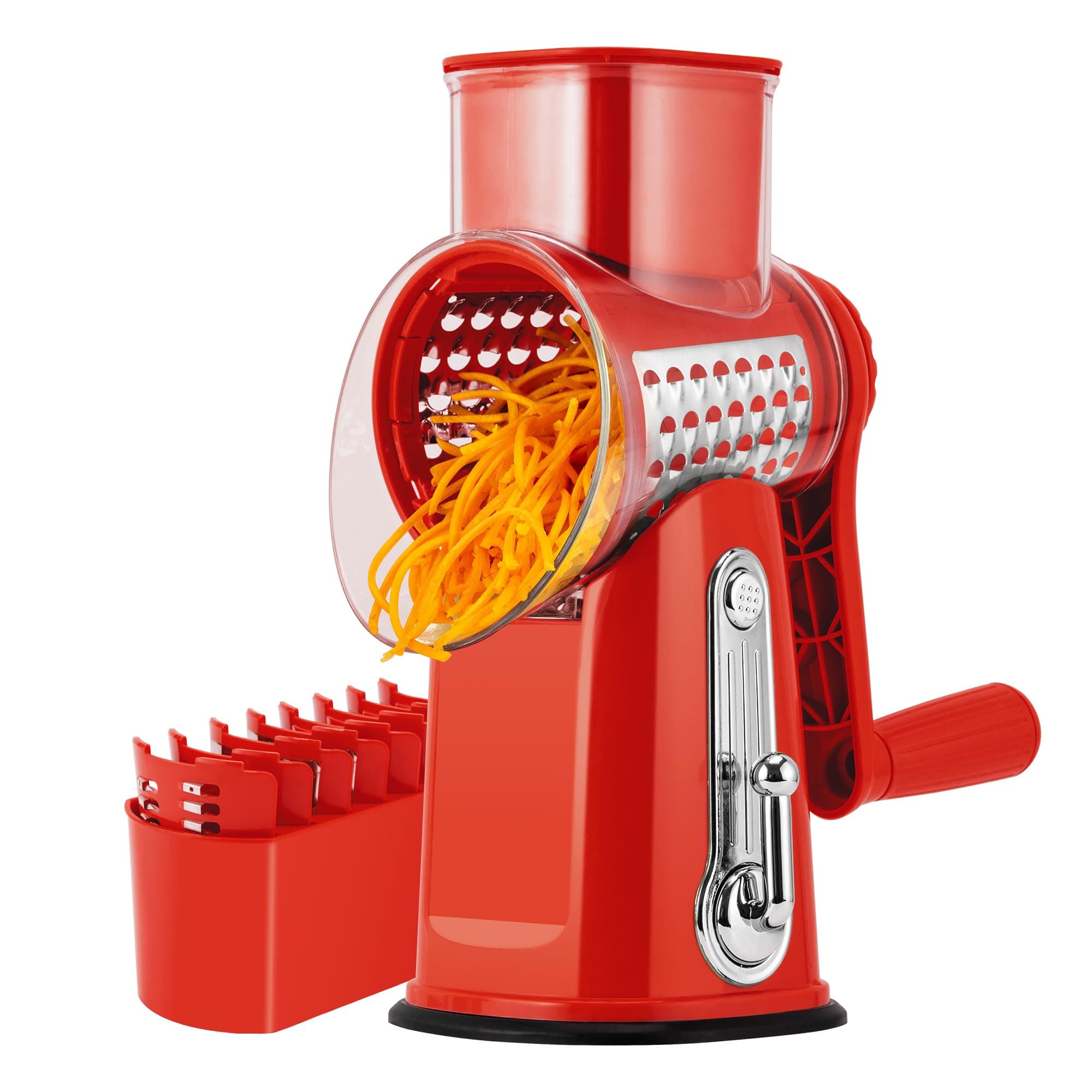 SUSTEAS Rotary Cheese Grater with Handle - Vegetable Shredder with 5 Well-designed Blades & Strong Suction Base,Round Mandoline Slicer & Food Chopper for Kitchen,with Blade Storage Box(Red)