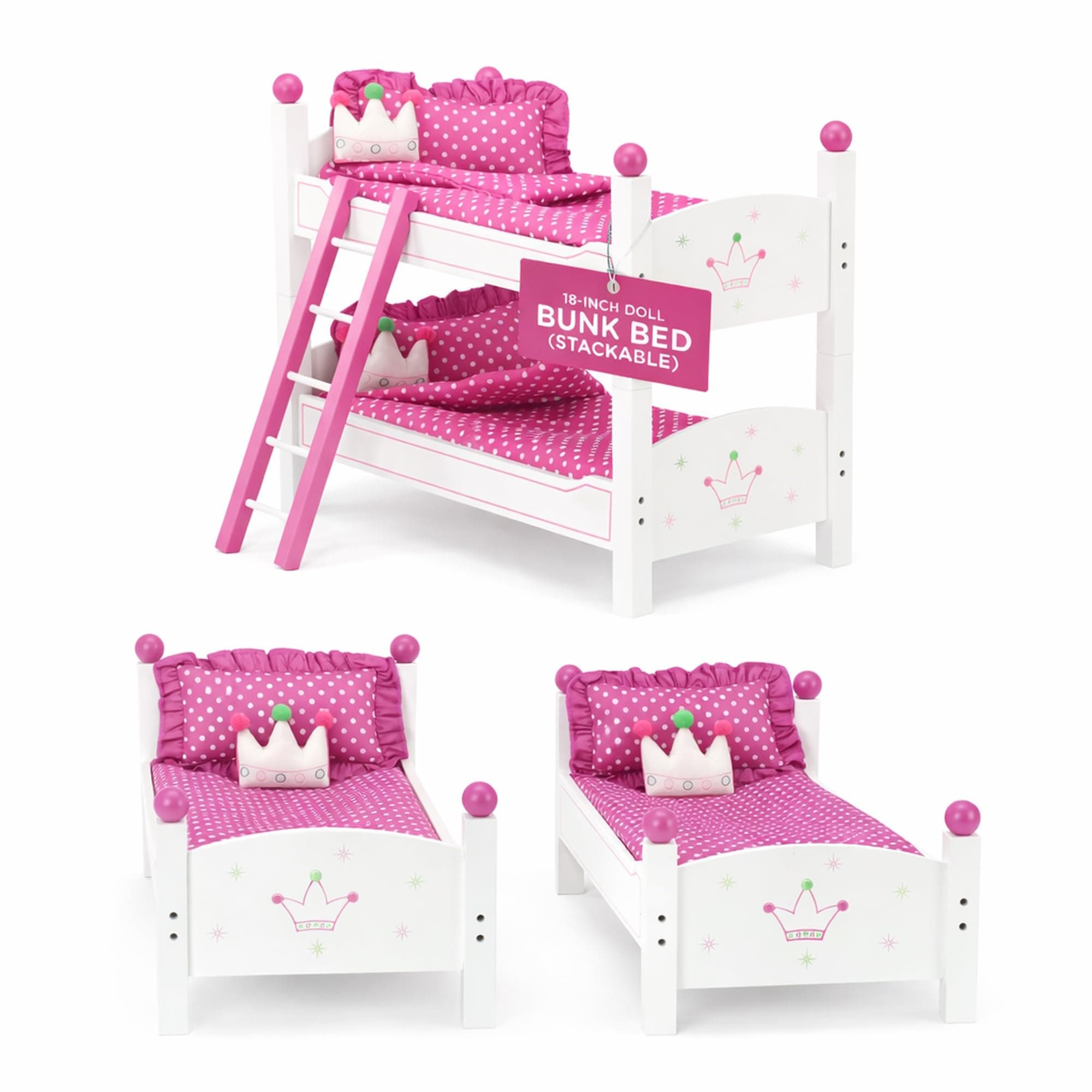 18 Inch Doll Bunk Bed Set – Stackable Twin Wooden Beds with Bedding, Ladder & Safety Knobs | Part of Wish Crown Furniture Collection | Fits American Girl Dolls | Ages 5+