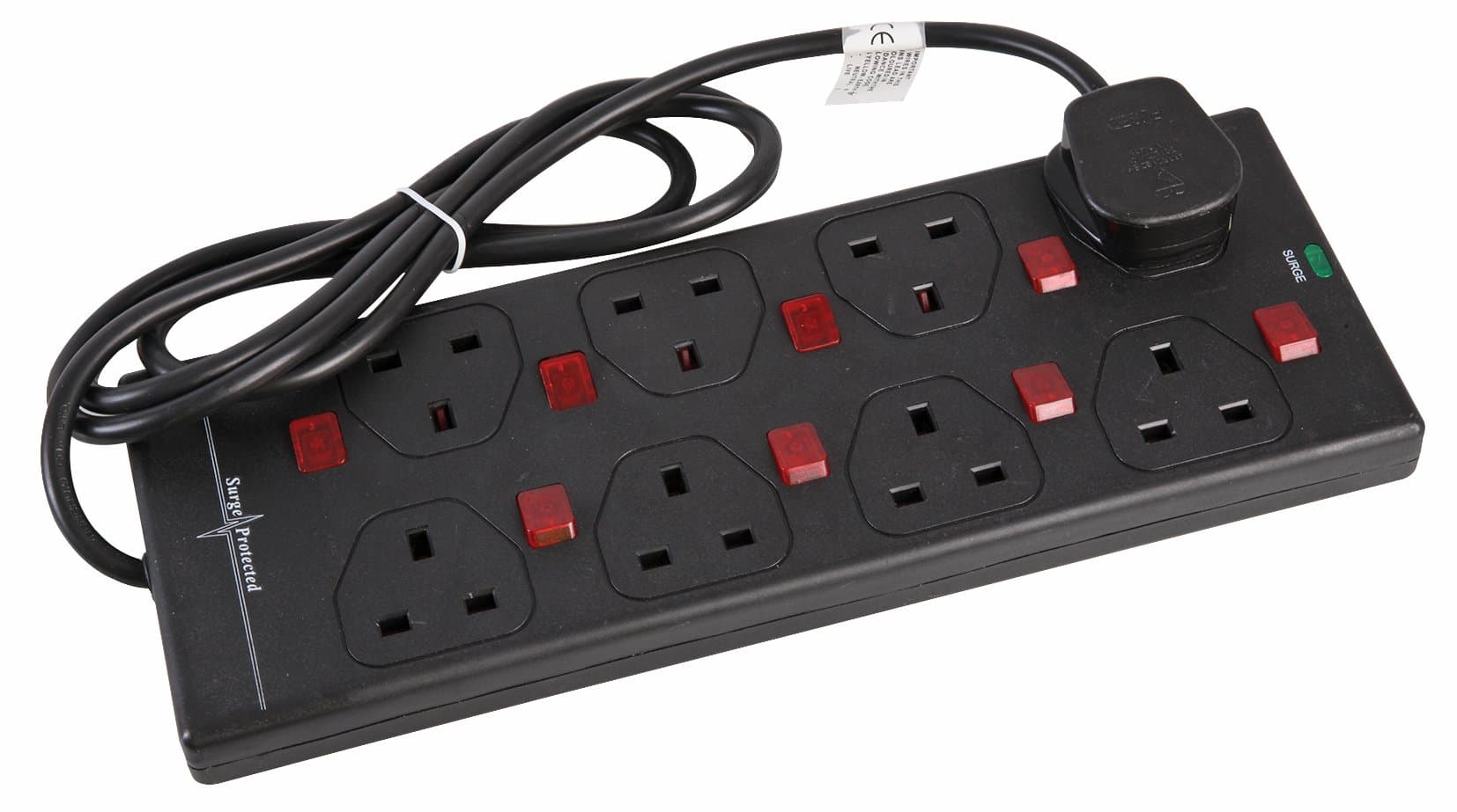 pro elec 5 m 8 Way 8 Gang Surge Protected Switched Neon Extension Lead - Black