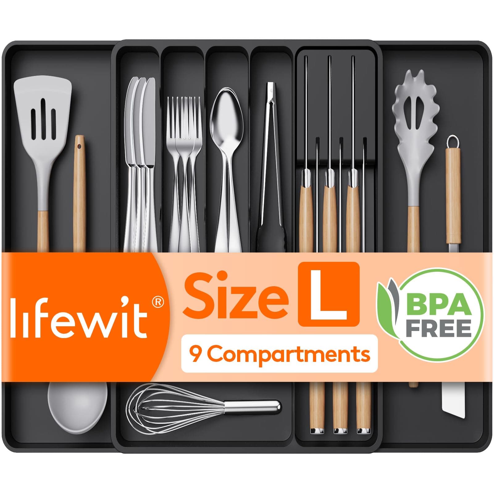 Lifewit Cutlery Drawer Organiser, Expandable Tray with Knives Holder for Kitchen Storage, Cutlery Organiser Insert for Spoons, Forks, Utensil, 1 Pack, Black