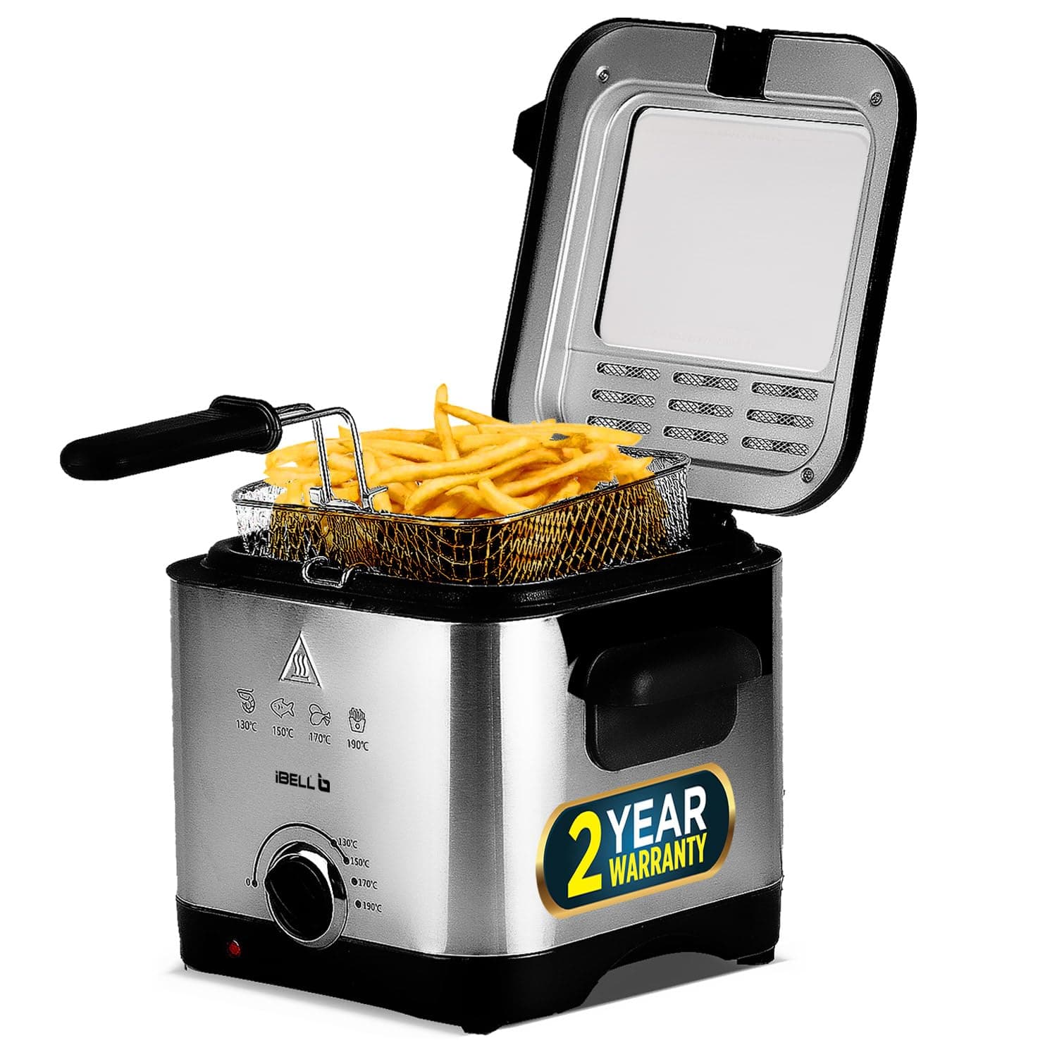 IBELL 1.5L Electric Deep Fryer Machine for Home 1500W, Transparent Lid, low oil consumption, Stainless Steel, Temperature Control (Silver)