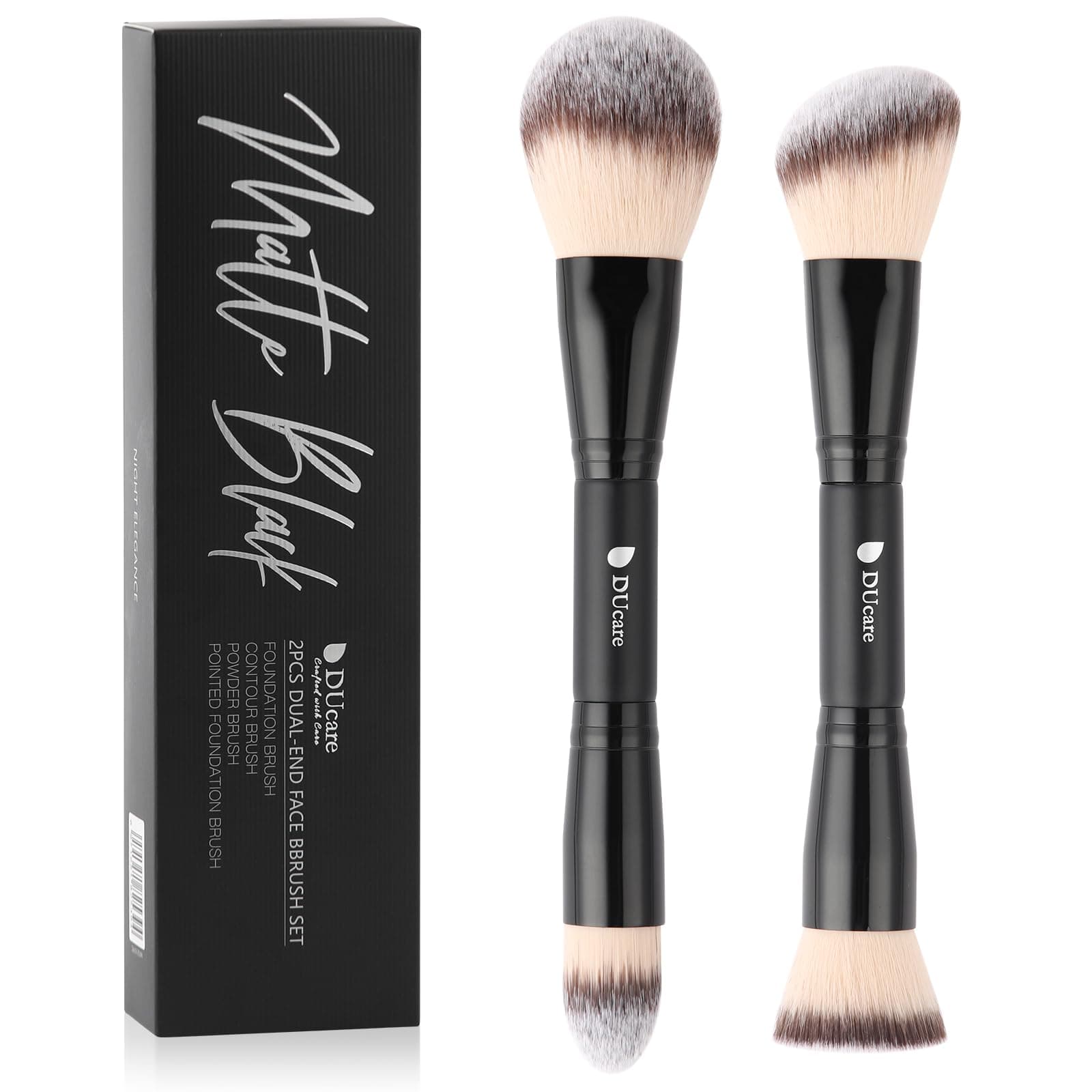 Foundation Makeup Brushes, 2Pcs Premium Dual-Ended Makeup Brush Foundation, Powder, Buffer & Contour Brushes for Liquid, Cream, Powder, Blending Face Brush, Fit for Home, Travel & Gifting