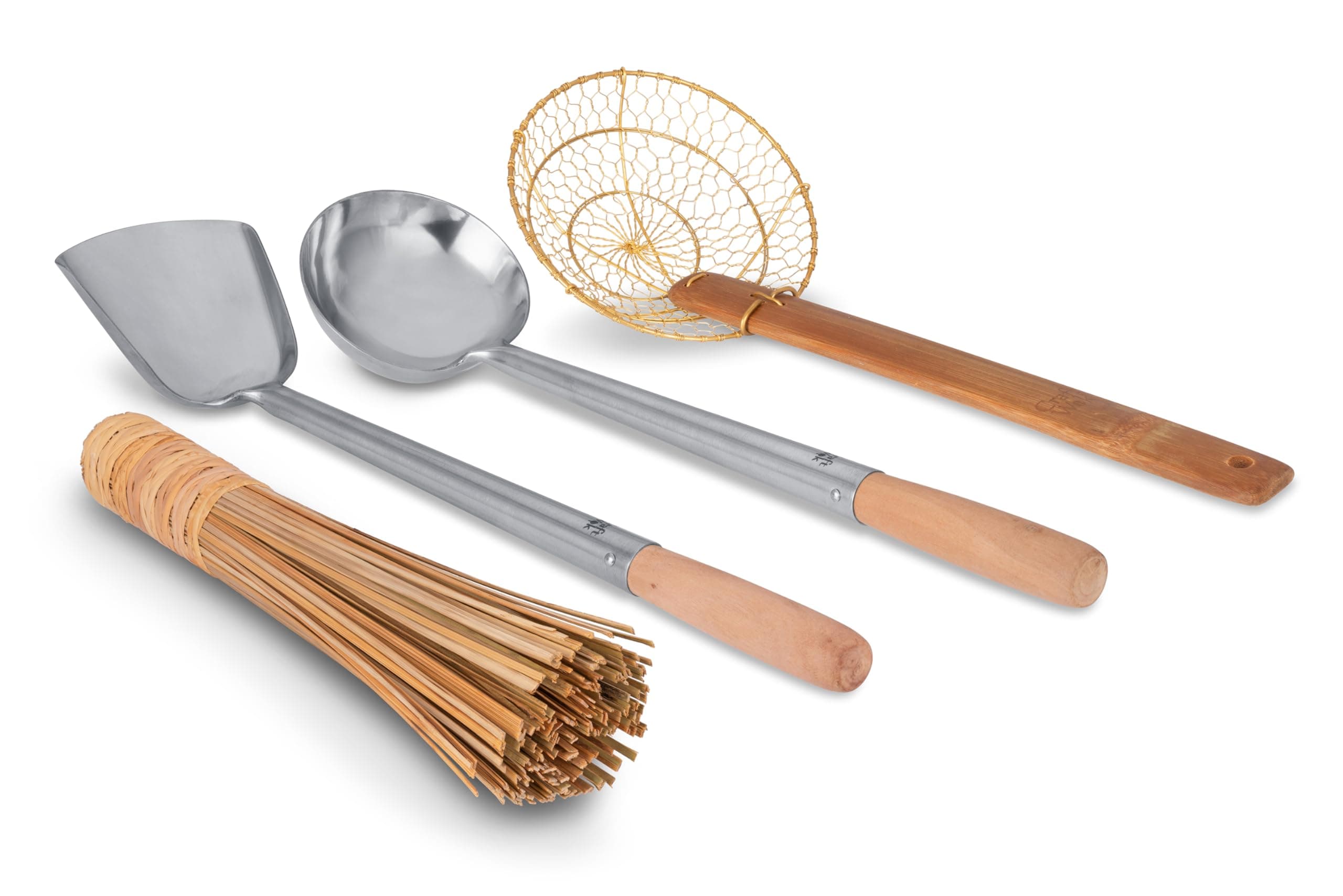 Tools 4 pcs Set: Ladle, Spatula, Strainer, Bamboo Brush/Utensils Traditional Asian Cookware with Wooden Handles / 732W9