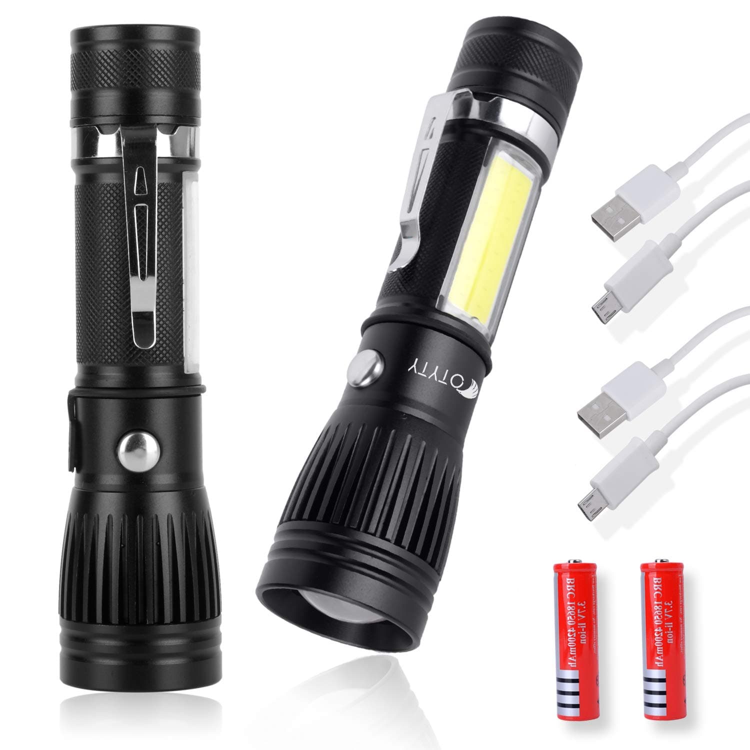 OTYTY USB Rechargeable Flashlights 2 Pack, Portable Ultra Brightest Handheld COB LED Tactical Flashlight High Lumens, 1000 Lumen, Zoomable, IP65 Water-Resistant, 4 Modes for Camping Hiking and EDC.