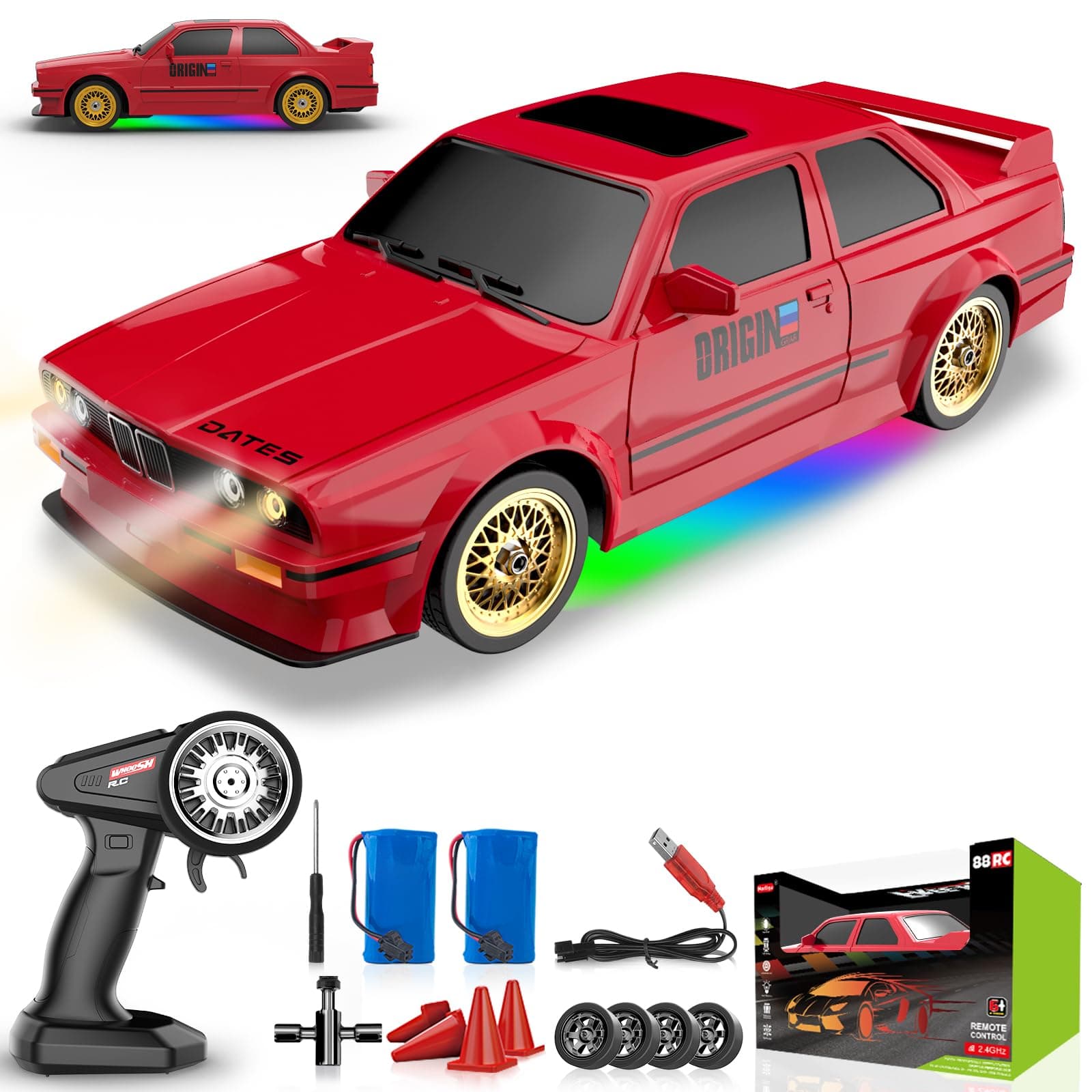 Remote Control Cars 1:16 Scale RC Drift Car 2.4Ghz 30KM/H High Speed 4WD RTR Racing Car with Drift Tires LED Lights 2PCS Rechargeable Batteries RC Sport Cars Toys for Adults Boys Girls Kids Gift