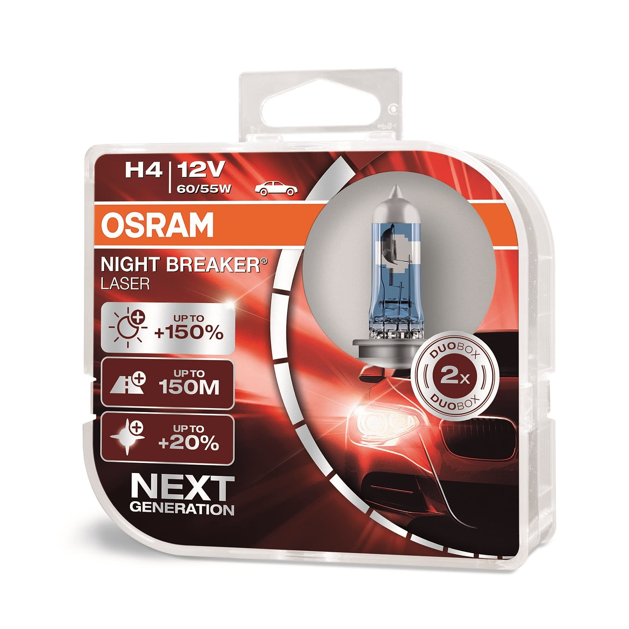OSRAM NIGHT BREAKER LASER H4, +150% more brightness, halogen headlight lamp, 64193NL-HCB, 12V, duo box (2 lamps)