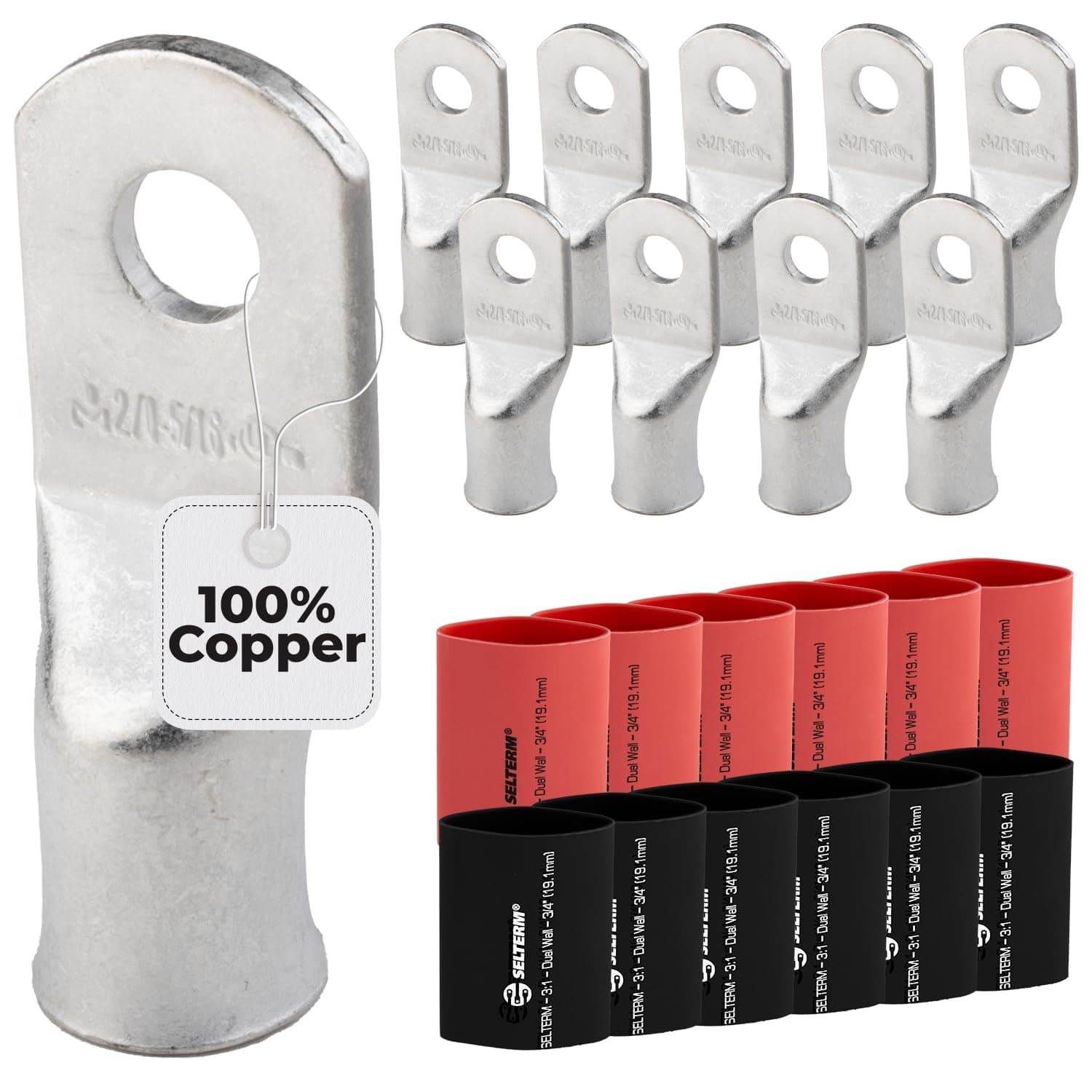 SELTERM 10pcs - 2/0 Awg - 5/16" Stud - Battery Lugs - Ring Terminal Connectors with 12pcs 3:1 Black & Red Heat Shrink Tubing with Adhesive | Heavy Duty Battery Cable Ends - Tinned Copper Wire Lugs Kit