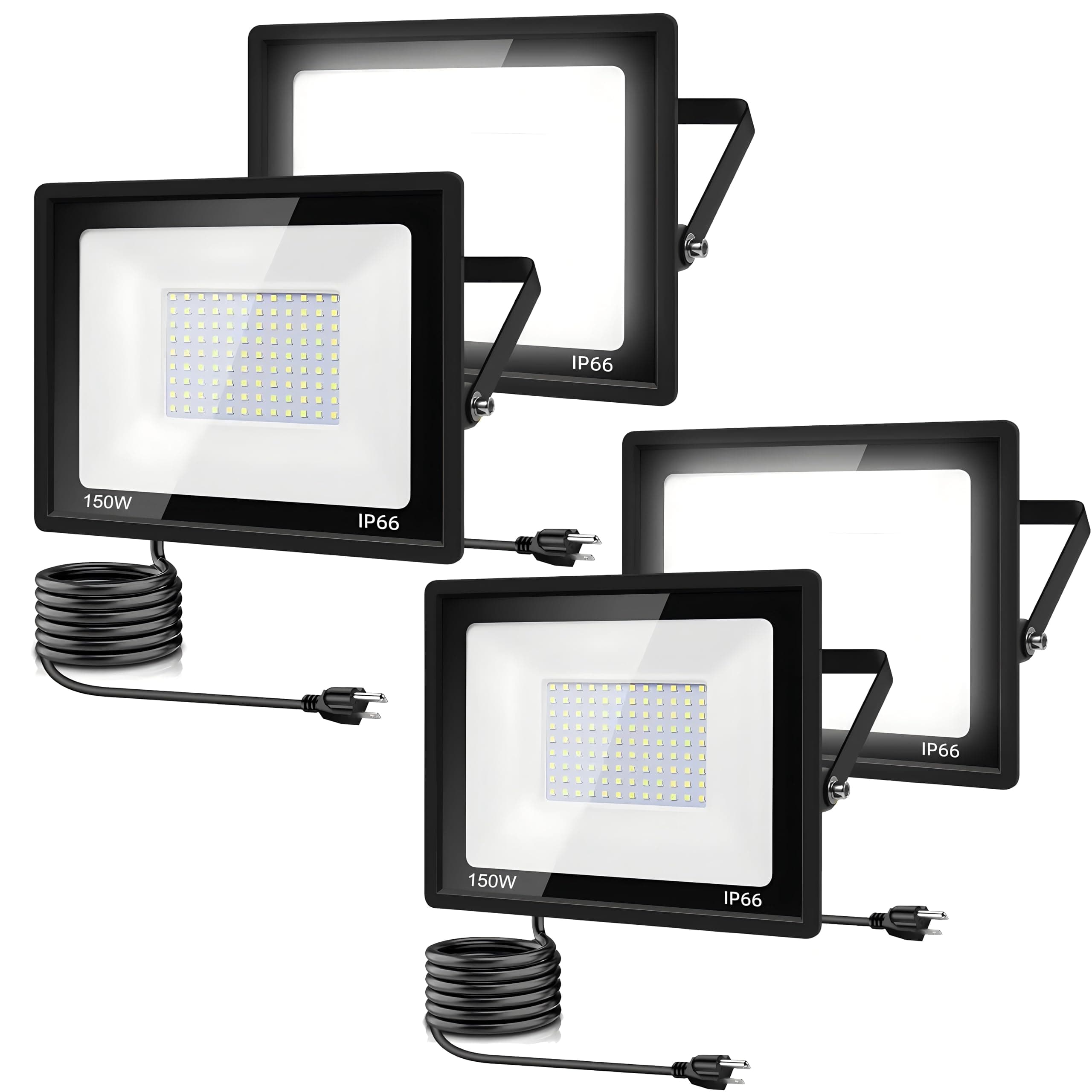 4Pack LED Flood Light Outdoor,150W LED Work Light 15500lm with 6FT US Plug,IP66 Waterproof Exterior Security Lights,6000K Daylight White Outside Floodlights Slim Design for Playground Yard