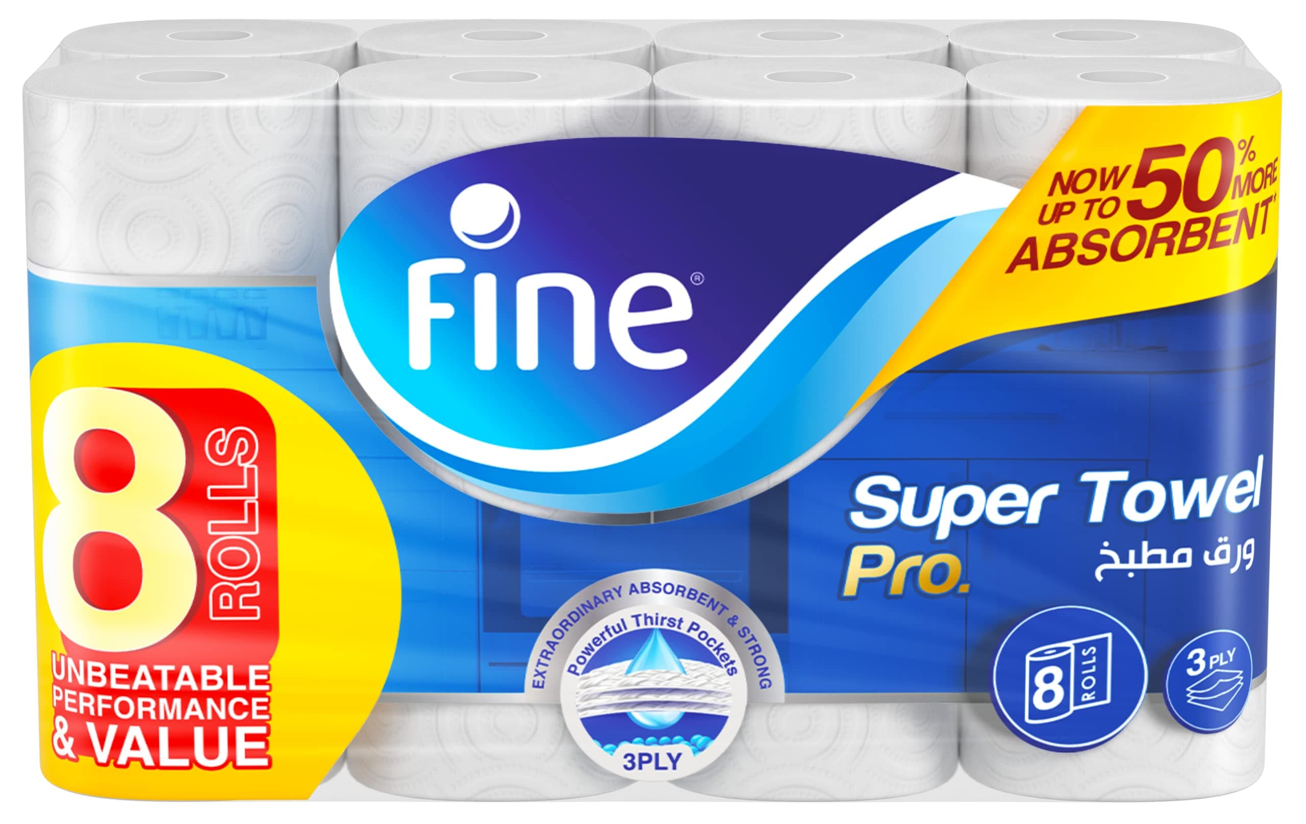 Fine Kitchen Paper Towel Roll, 60 Sheets X 3 Ply, 8 Rolls. Fine Super Pro, Sterilized Tissues for Germ Protection, Half Perforated