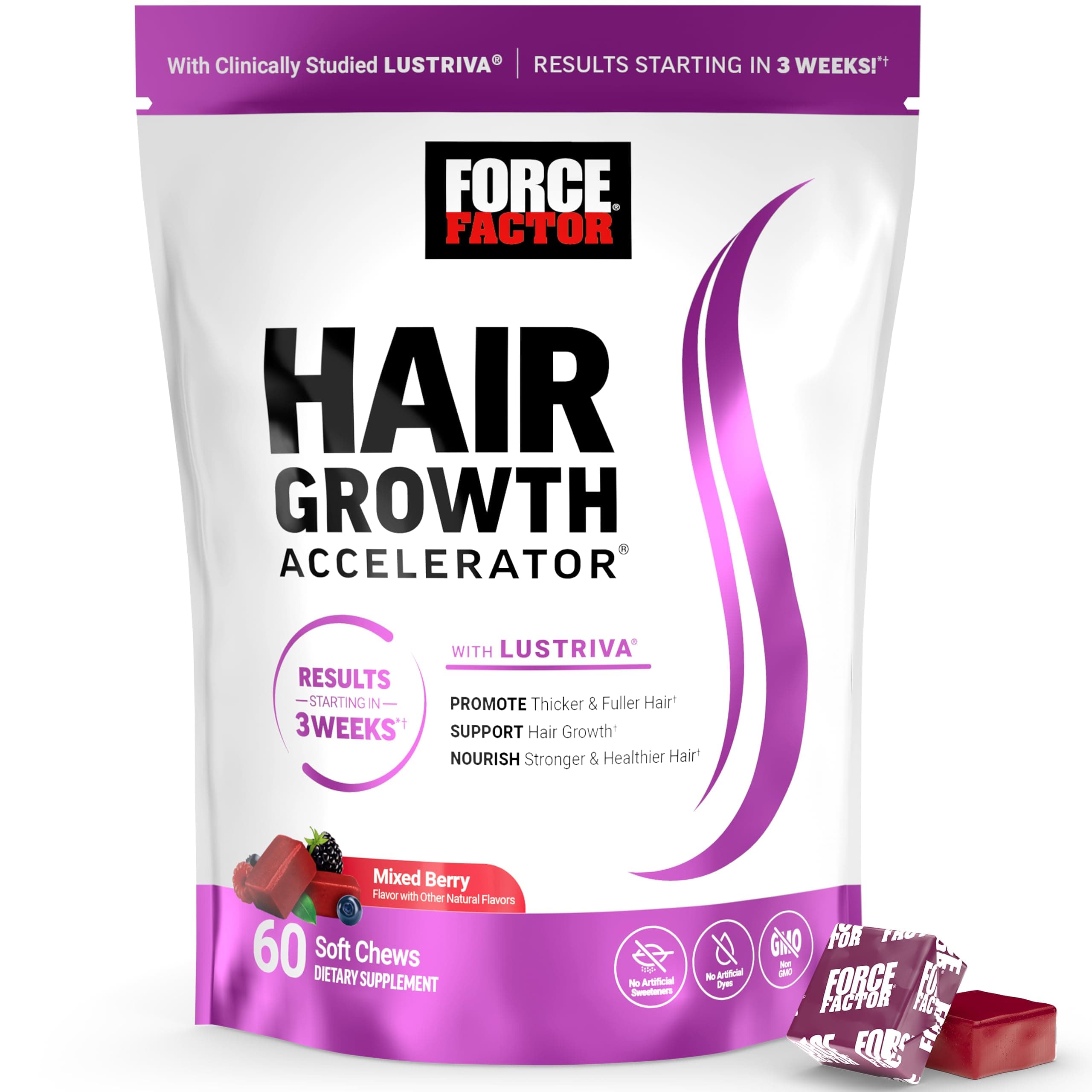 Hair Growth Accelerator Soft Chews, Hair Growth Vitamins for Women and Men with Clinically Studied Lustriva and Biotin, Promotes Thicker, Fuller, Stronger Hair, Mixed Berry, 60 Soft Chews