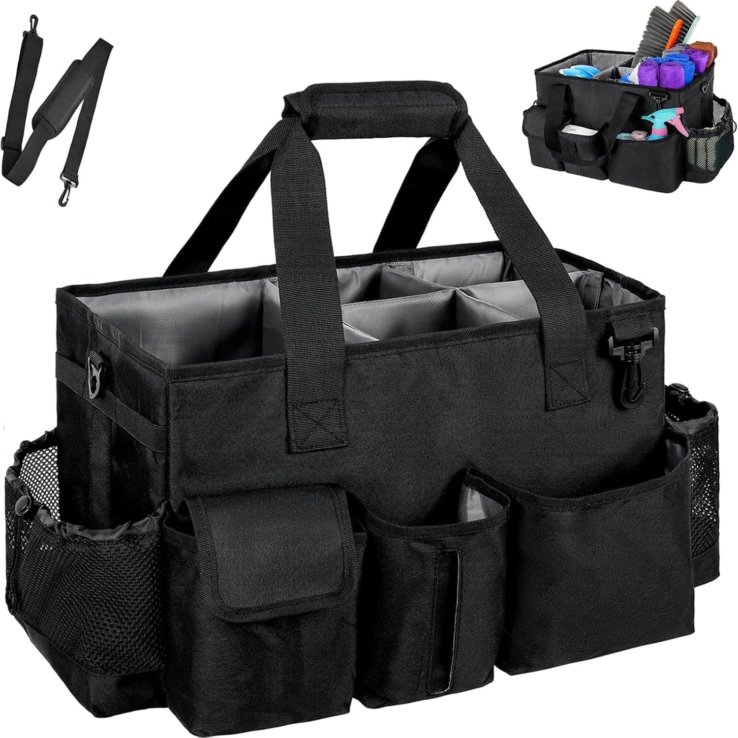 Large Cleaning Caddy Organiser With Handle, Adjustable Shoulder Strap, Waist Strap for Supplies, Multi Pockets Supply Bag for Cleaners, Housekeepers, Car, Garden, Black