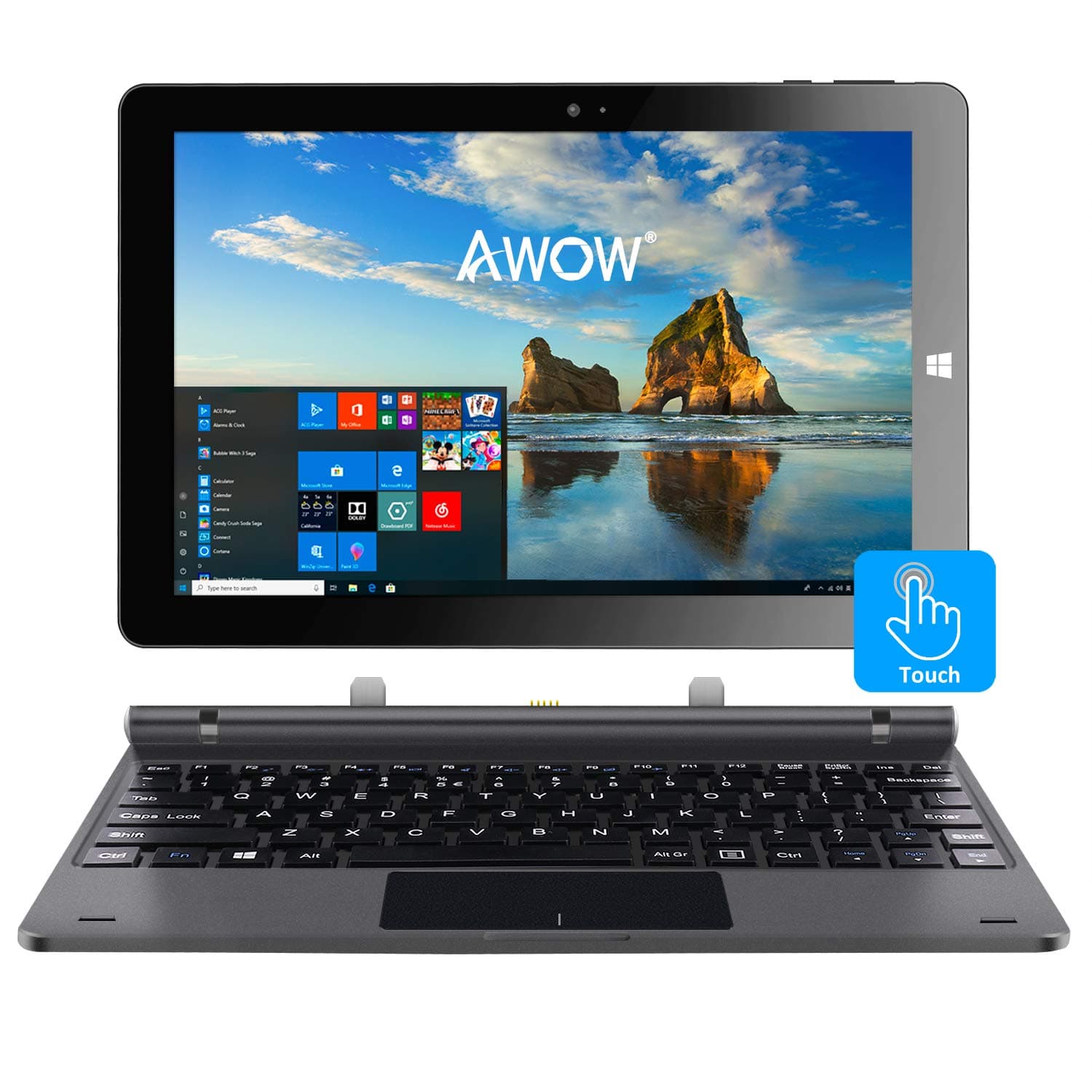 AWOW 10.1" Touch Screen Windows 10 2-in-1 Laptop Tablet PC with Intel X5-Z8350 Quad-Core 1.44Ghz/Ips HD 1280 X 800/4GB/32GB/Dual Webcam/Wi-Fi/Bluetooth 4.0/Micro HDMI/Micro SD/USB/Keyboard/Iron Gray