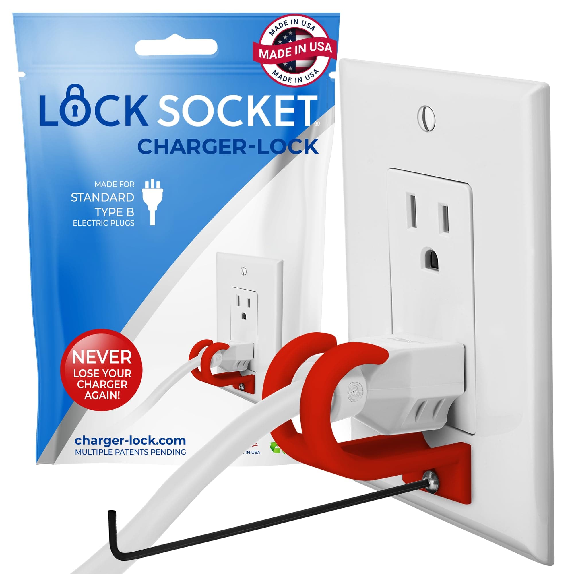 Lock Socket 3 Prong Outlet Lock -RED - Anti Theft Locking Device to Secure Three Pronged Plugs to The Outlet with a Security Screw.Way to Prevent Unplugging. Made in USA