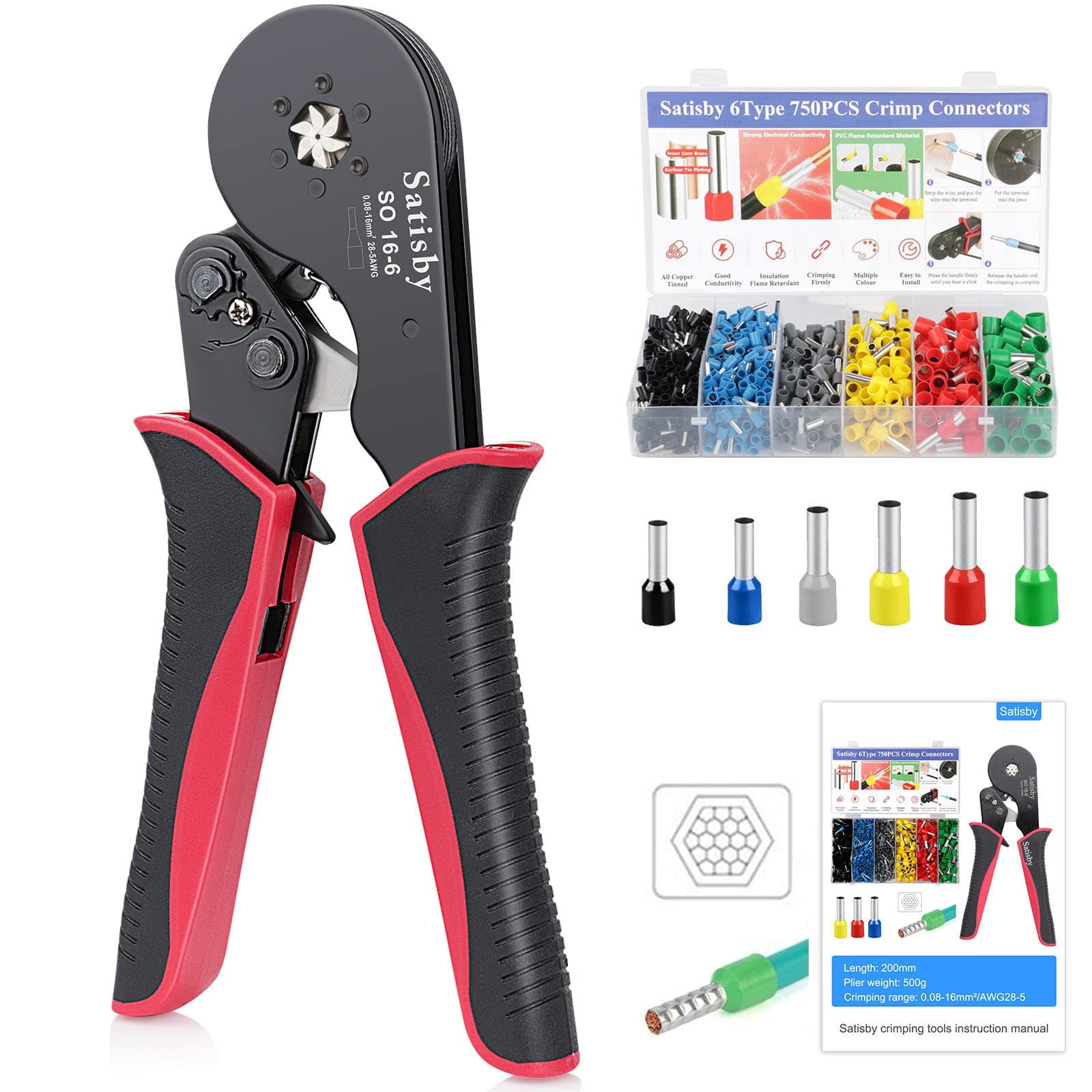 Bootlace Ferrule Crimping Tool,16mm Crimping Tools AWG28-5/0.08-16mm², Ratchet Structure Hexagonal Crimp Jaws with 750PCS Crimp Connectors, Bootlace Ferrules