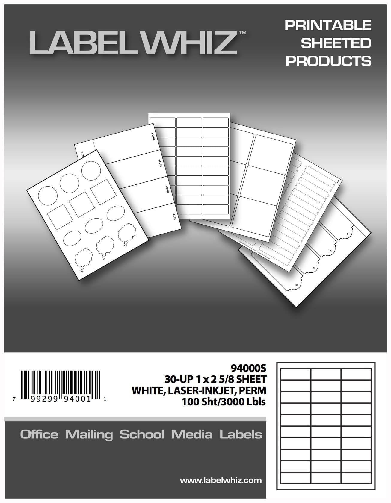 LabelWhiz All Purpose Label Sheets for Laser and Ink Jet Printers, 1 x 2-5/8 Inches, Square Corners, 30 Labels Per Sheet, 100 Sheets, White (94000S)