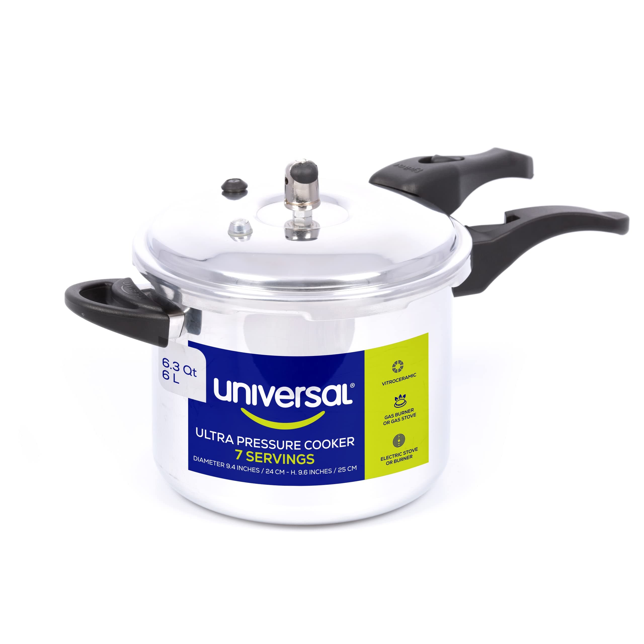 - Universal (6.3 Quart / 6 Liter) Anti-Rust Ultra Pressure Cooker, Aluminum Pressure Cooker for 7 Servings, Even Heat Distribution, Diameter 9.4 inches, Height 9.6 inches
