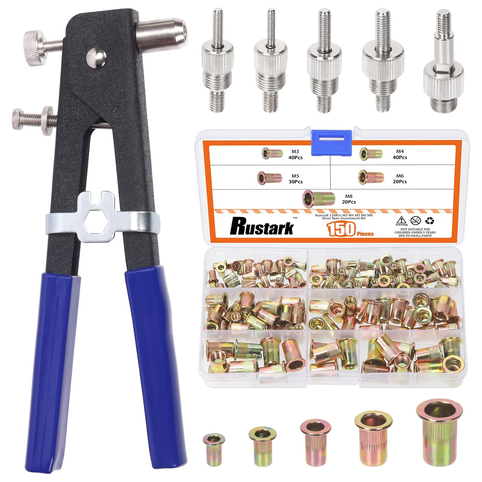 151Pcs M3 M4 M5 M6 M8 Threaded Rivet Nuts 10.6Inch Hand Rivet Tool Rivet Nut Setter with 5 Sizes Metric Mandrels Heavy Duty Rivnut Blind Riveting Tools Hand Riveter Rivet Nut Tool Kit