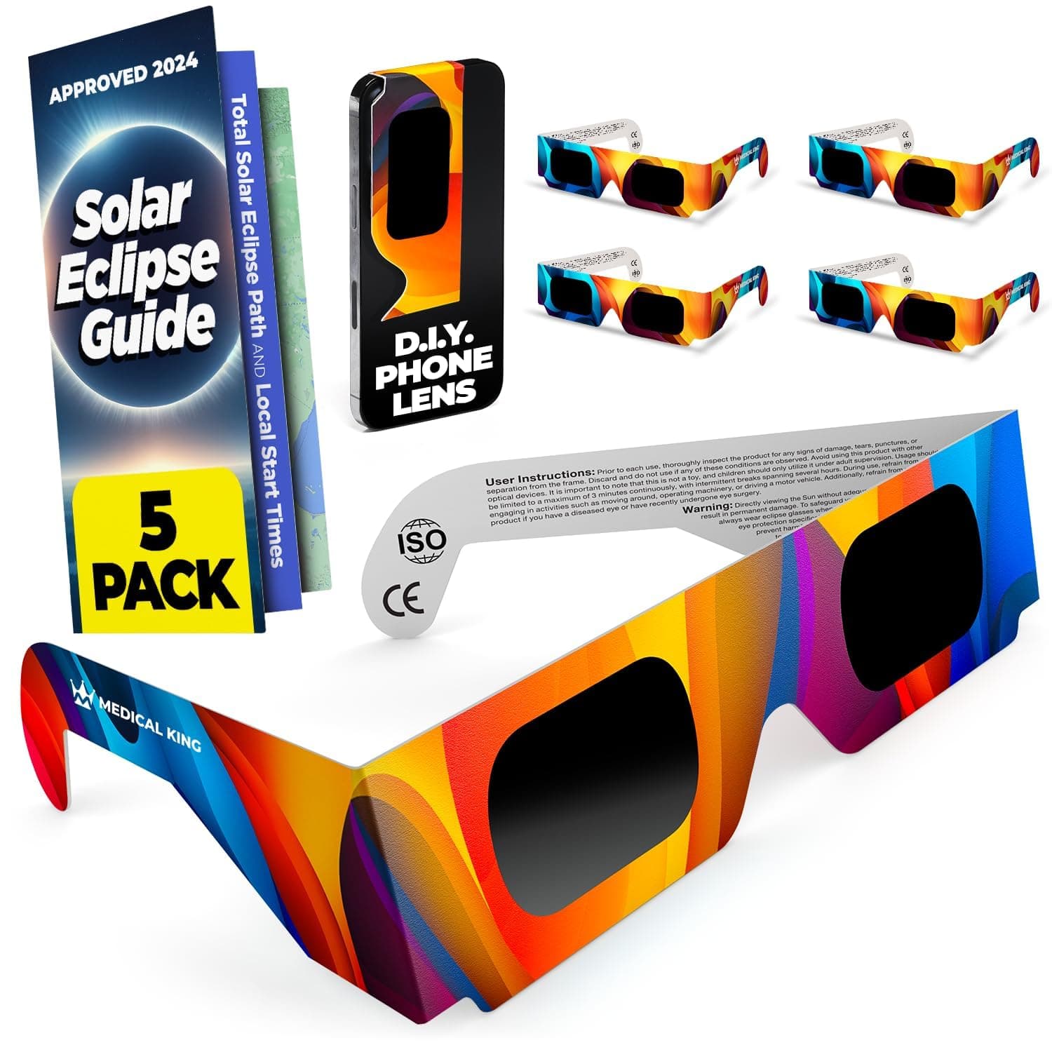 Medical king Solar Eclipse Glasses 2024 CE and ISO Certified Approved 2024 Safe Shades for Direct Sun Viewing (Pack of 5)