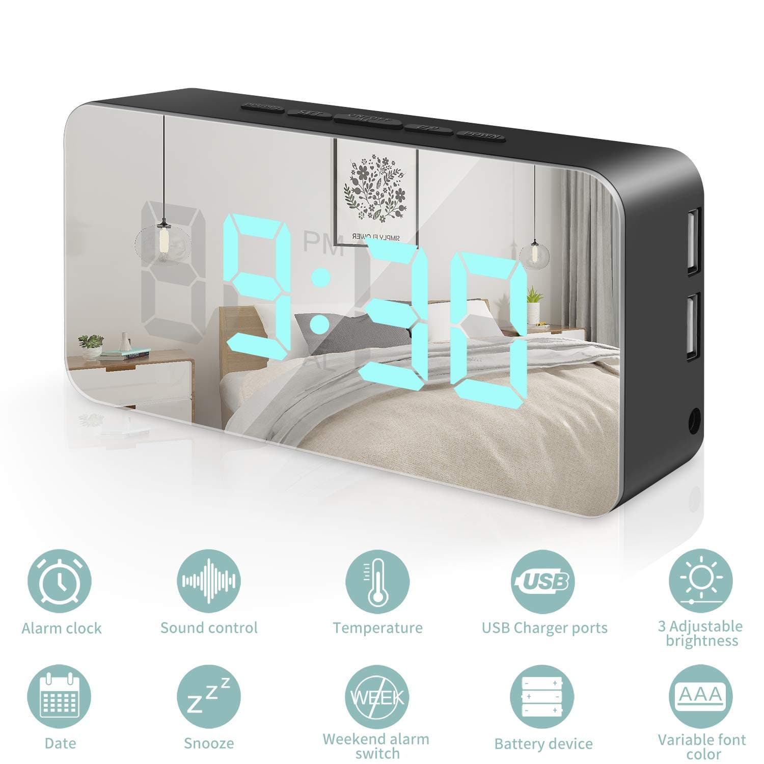 KONKY Digital Alarm Clock, Mirror Surface Desk Clock Large Color LED Display with Dimming Mode 2 USB Charging Ports and Big SNOOZE Button for Kid, Home, Office, Daily Life