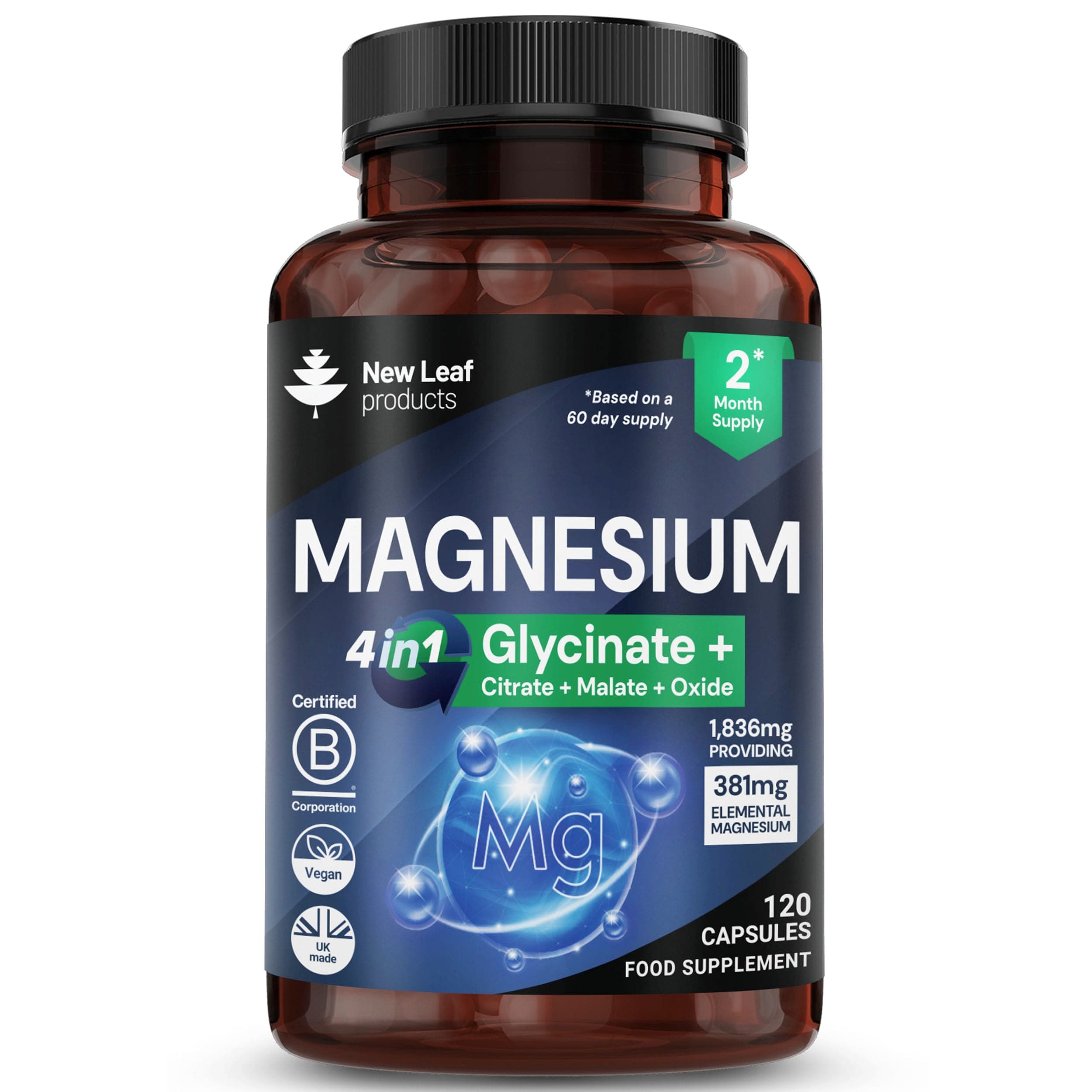 Magnesium Glycinate 4-in-1 Complex 1836mg – 381mg Elemental Per Serving – High-Strength Magnesium with Bisglycinate, Citrate, Malate, Oxide – 120 Vegan Capsules – UK Manufactured by New Leaf