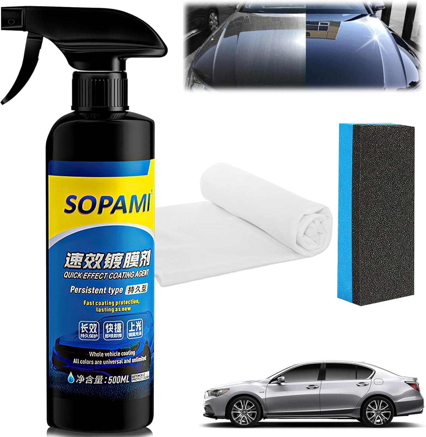 Rednow SOQCDM Car Wax Spray, Quick Effect Ceramic Coating Agent, Car Scratch Wax Polish Spray, Waterless Wash, Glass Cleaner (1PC+Sponge+Cloth)