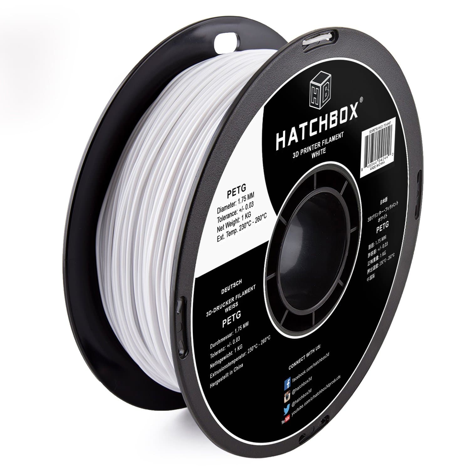 HATCHBOXPETG 3D Printer Filament, Dimensional Accuracy +/- 0.03 mm, 1 kg Spool, 1.75 mm, White