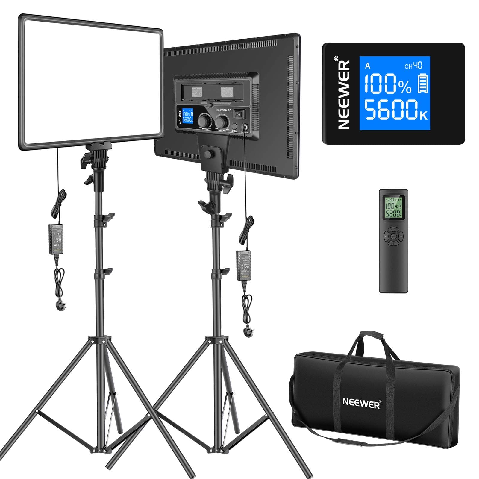 LED Video Lighting Kit , 2 Pack Dimmable Bi Color 18" Large LED Panel with 2.4G Wireless Remote & Tripod Stand, 45W 3200K-5600K CRI97+ Studio Key Light for Photography Video Recording Streaming