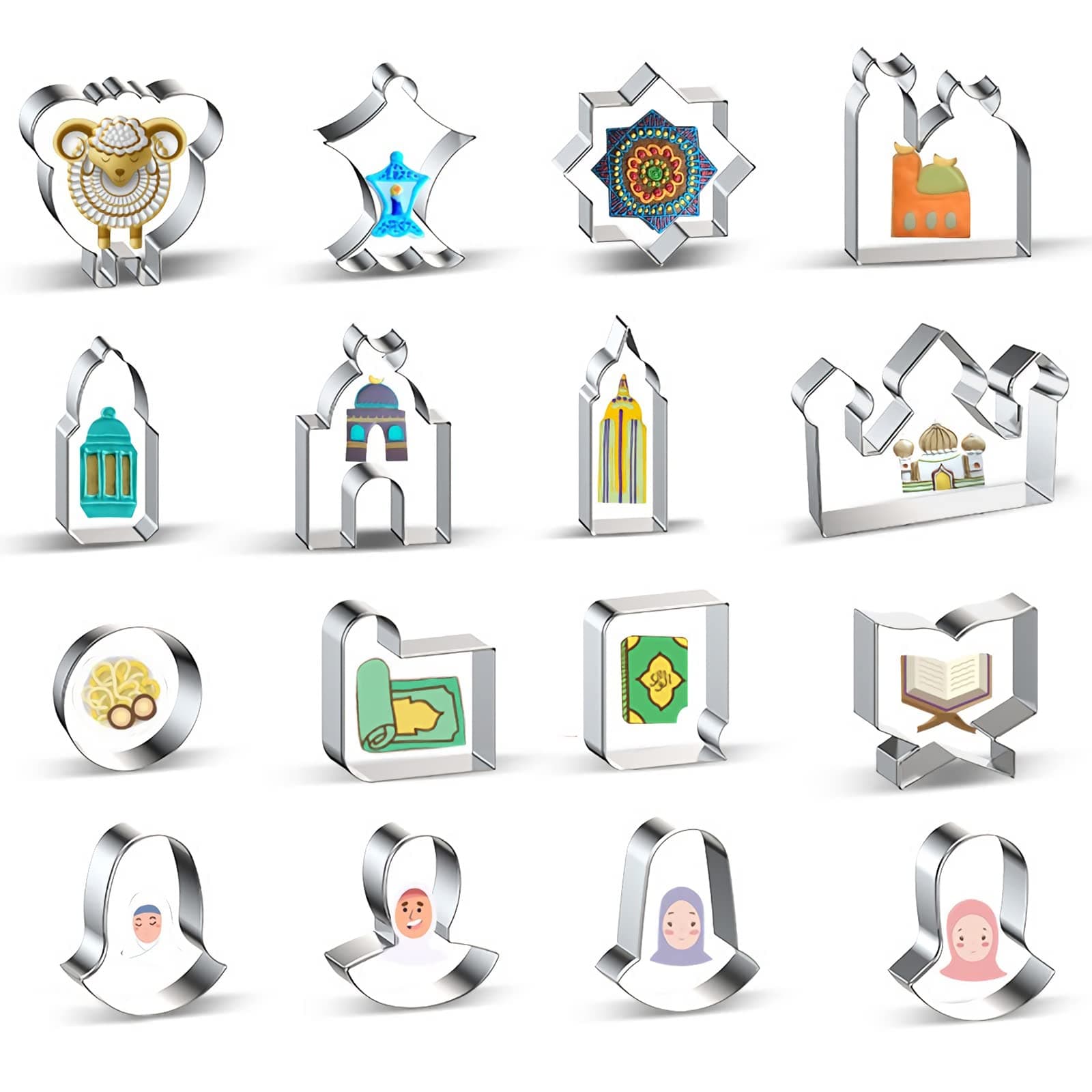 Eid Mubarak Ramadan Cookie Cutter - 16 Pieces Sheep Lantern Anise Star Church Plate Prayer Blanket Koran Muslim Men Women Cookie Cutters Shape Set - Stainless Steel Metal Islamic Muslim Biscuit Mold