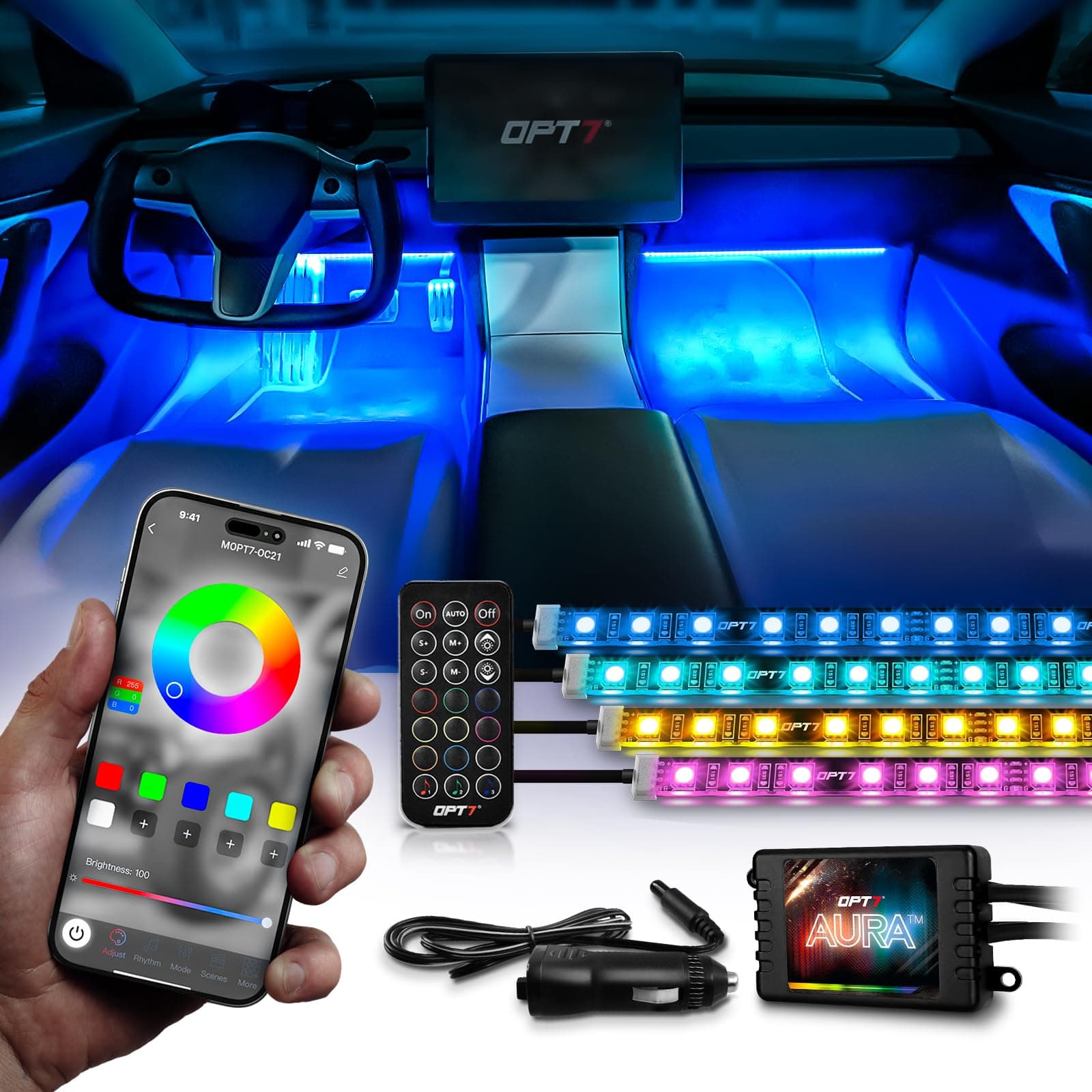 OPT7 Aura Pro Interior Car Lights with App & Remote Control, RGB Color Change, Music Sync Inside Ambient Lighting Kit, Car SUV Van Under Dash Decor, 12V Charger Adapter, 4PC Single Row LED Strip