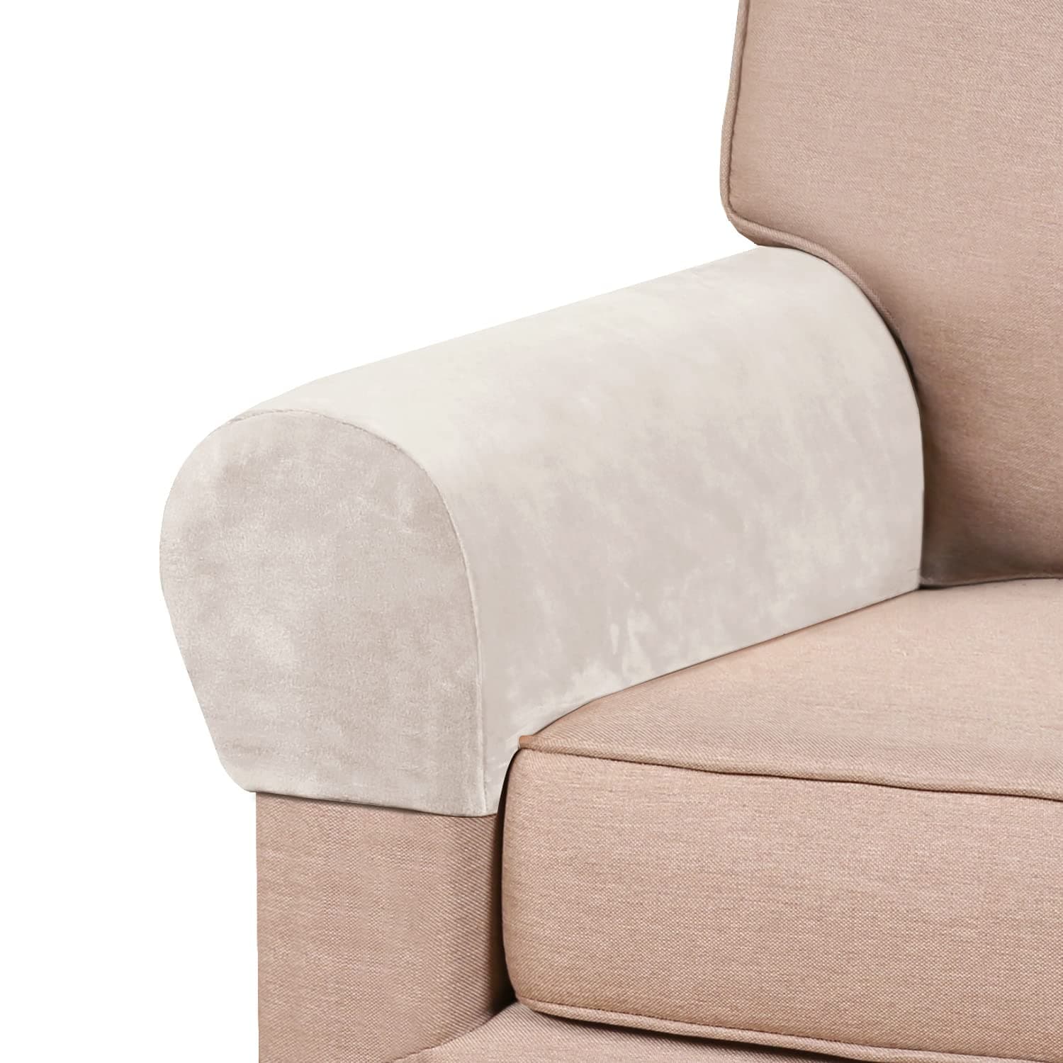 PrinceDeco 2 Pack Thick Velvet Stretch Armrest Covers for Chairs and Sofas Armchair Covers for Arms Couch Arm Cover Armrest Slipcover for Sofa Non Slip, Ivory