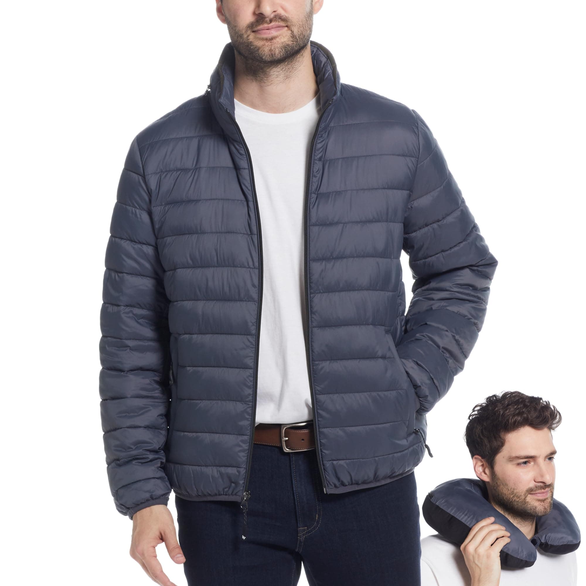 Weatherproof Men's Puffer Jacket, Lightweight Wind Resistant Alternative Down Jacket with Packable Travel Neck Pillow (S-3XL)